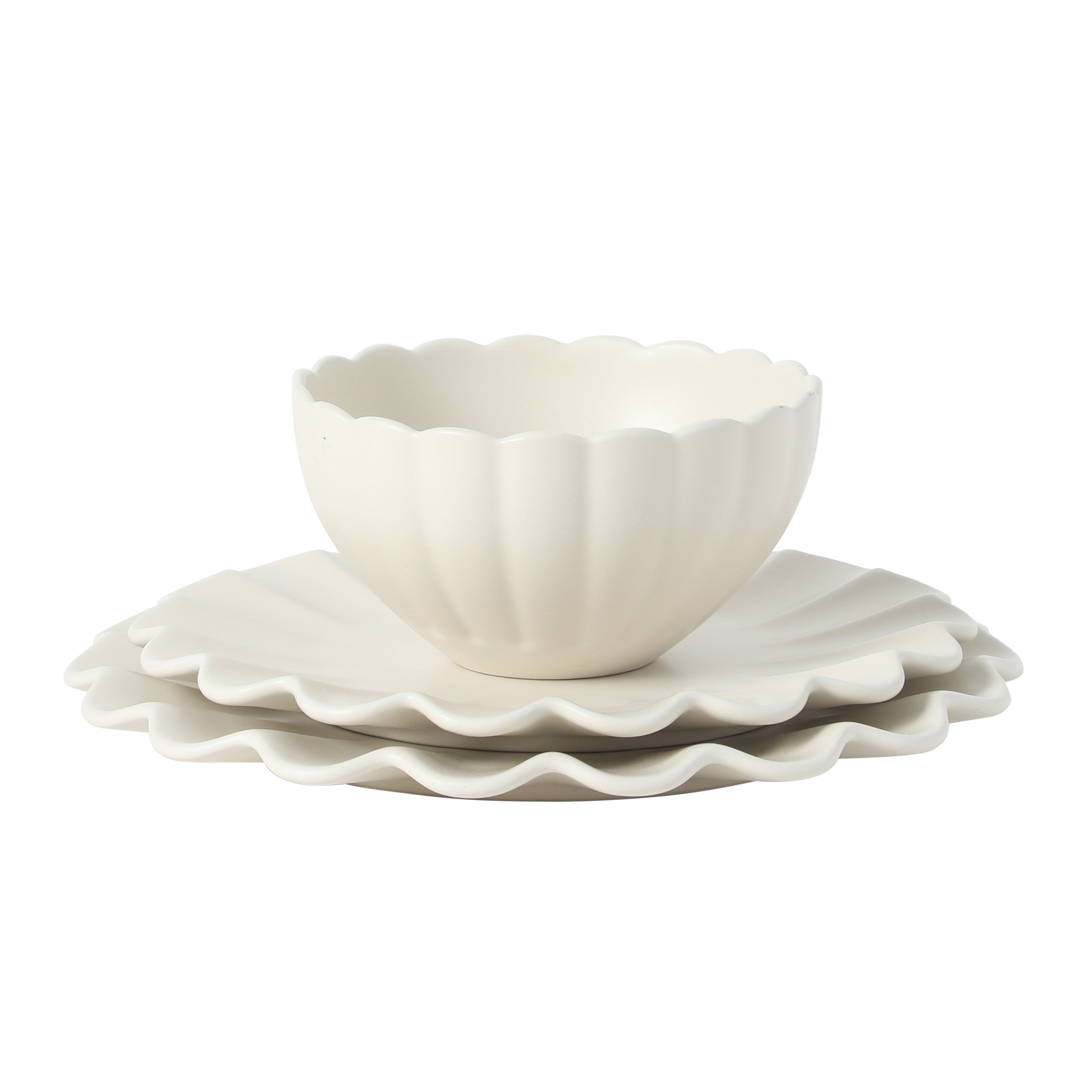 Gibson Elite Plates and Bowls Sets, 12-Piece Stoneware Dinnerware Set for 4, Scalloped Dish Set with Dinner Plates, Salad Plates & Bowls