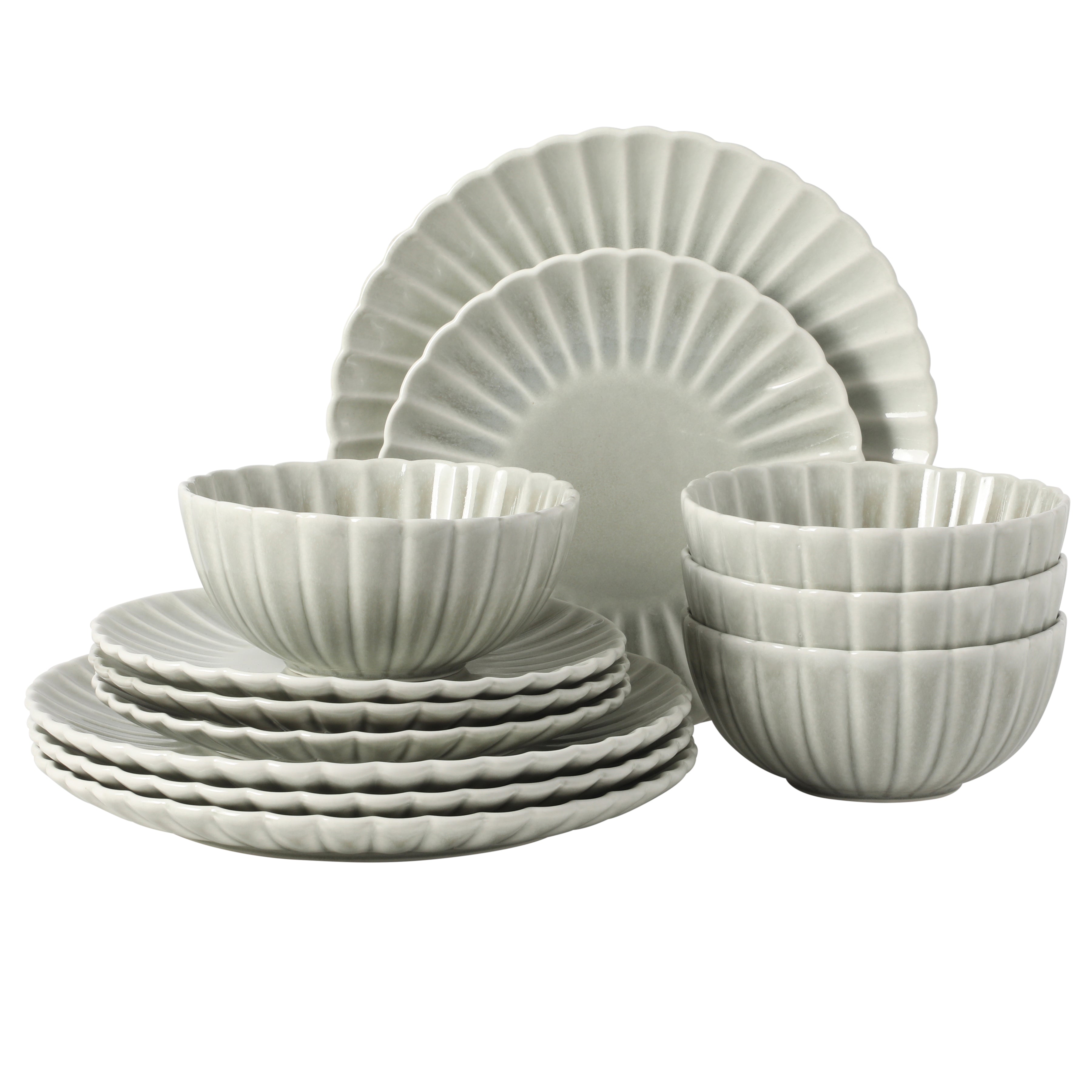 Gibson Elite Peach Orchard 12-Piece New Bone China Dinnerware Set Service for 4, Embossed Fluted Plates and Bowls, Dishwasher Safe
