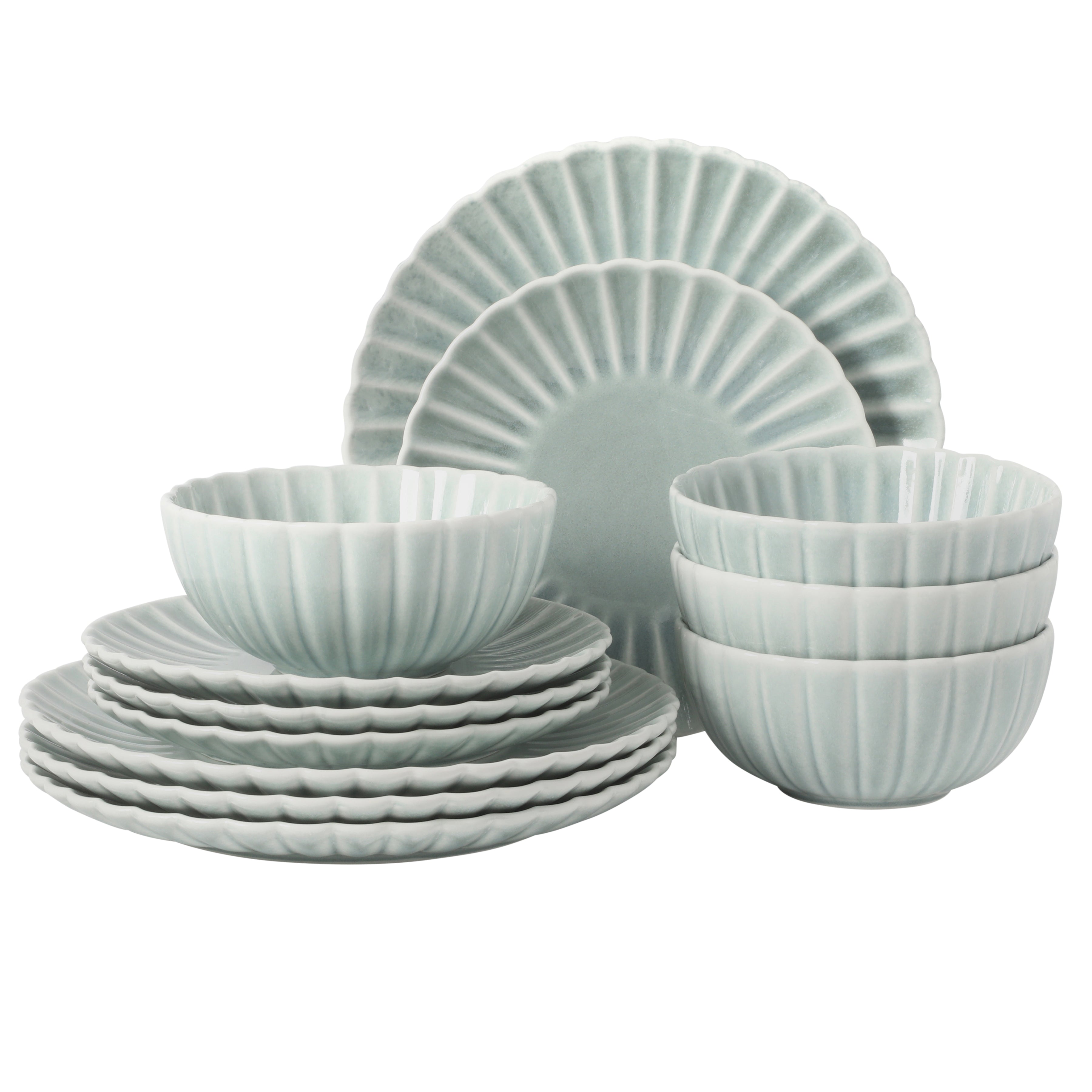 Gibson Elite Peach Orchard 12-Piece New Bone China Dinnerware Set Service for 4, Embossed Fluted Plates and Bowls, Dishwasher Safe