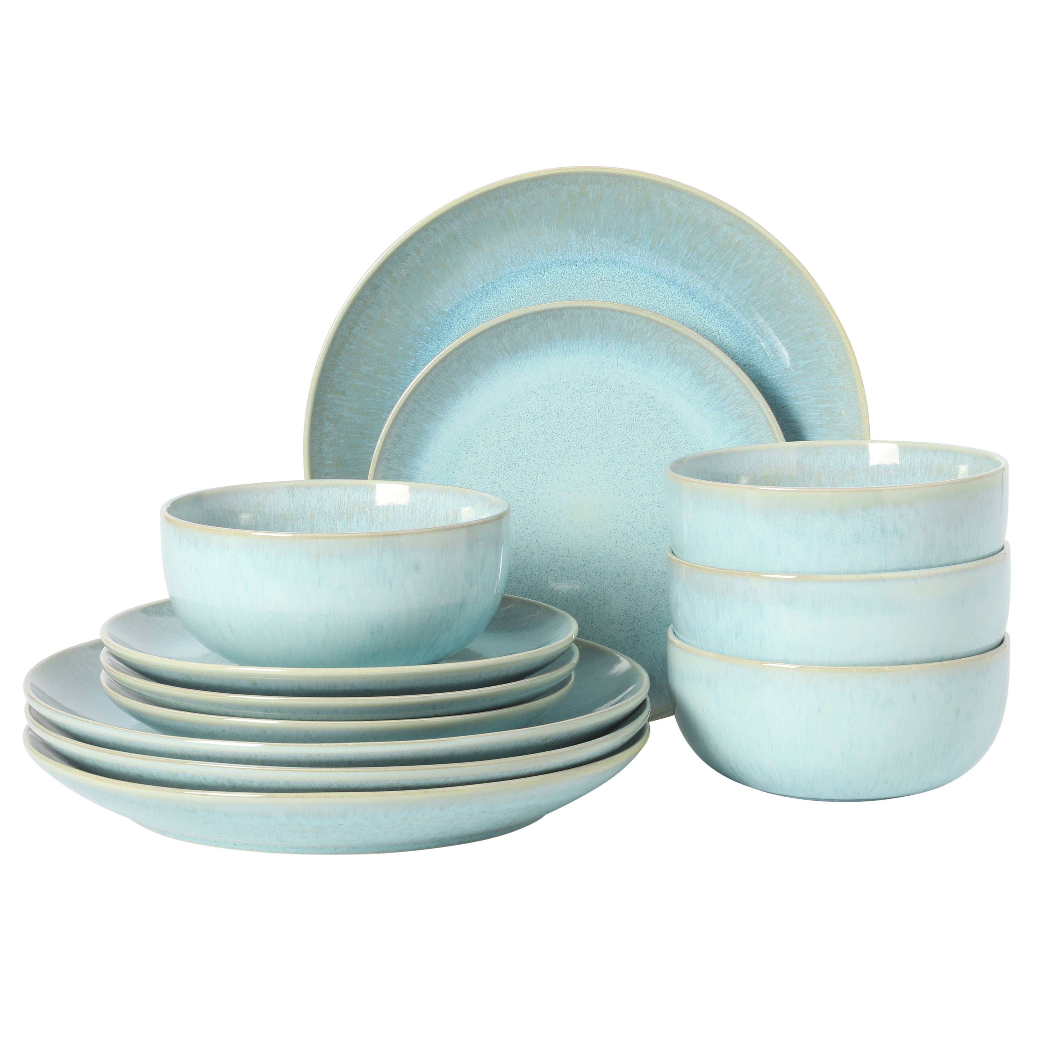 Gibson Elite Pine Coast Plates and Bowls Sets, 12-Piece Stoneware Dinnerware Sets, Reactive Glaze Dish Set