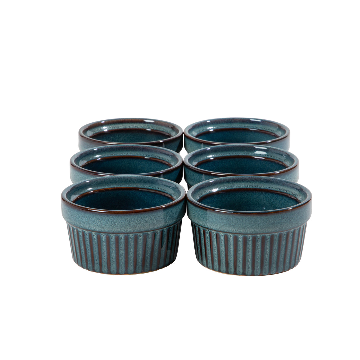 Gibson Elite Blue Eagle Ramekins Set of 6, Oven Safe Ceramic Stoneware Creme Brulee Custard Cups, Reactive Glaze, Ribbed, 3.5 Inch, 5 oz