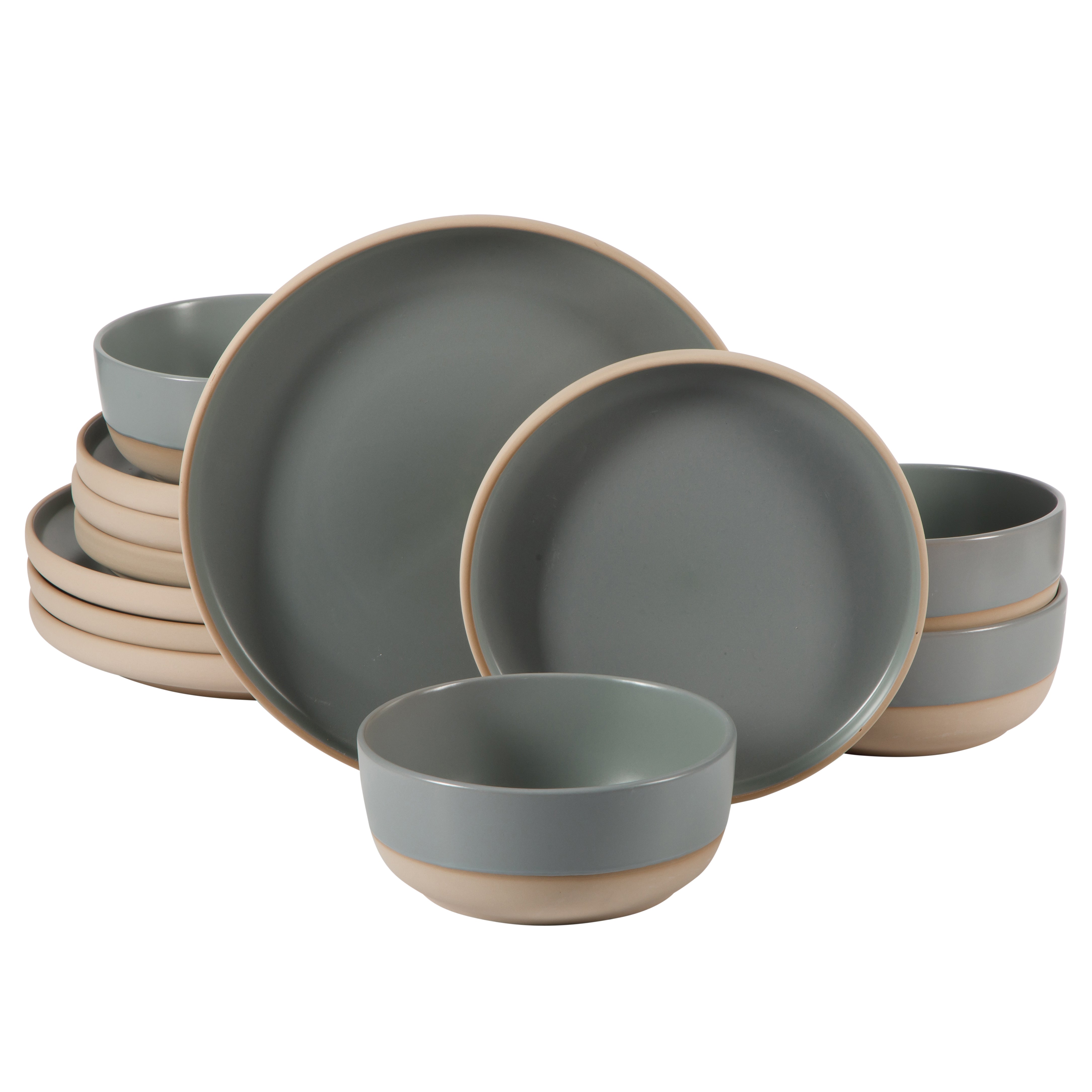 Gibson Home Plates and Bowls Set, 12 Piece Stoneware Dinnerware Set for 4, Matte Two-Tone Glaze, Dishwasher & Microwave Safe, Green