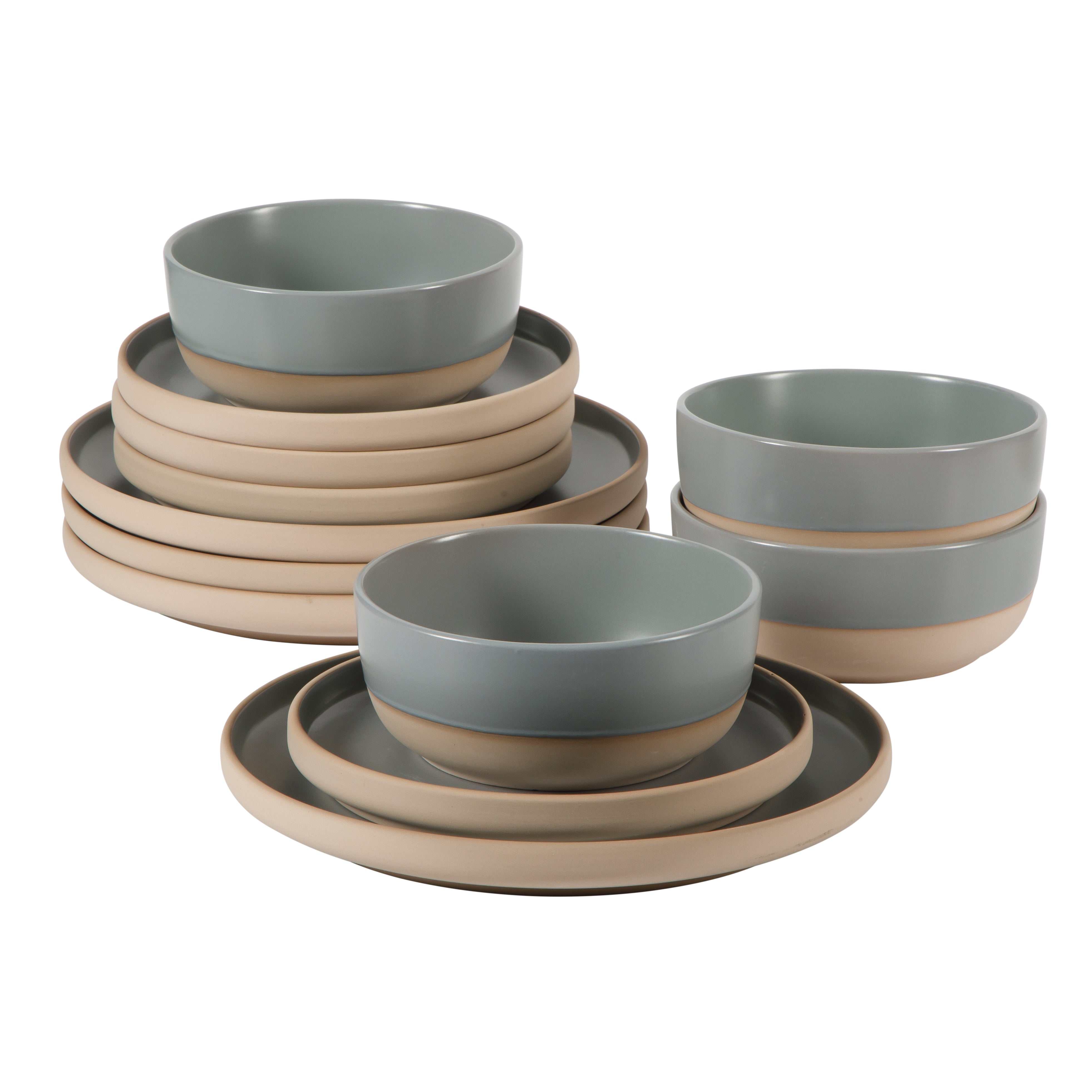 Gibson Home Plates and Bowls Set, 12 Piece Stoneware Dinnerware Set for 4, Matte Two-Tone Glaze, Dishwasher & Microwave Safe, Green