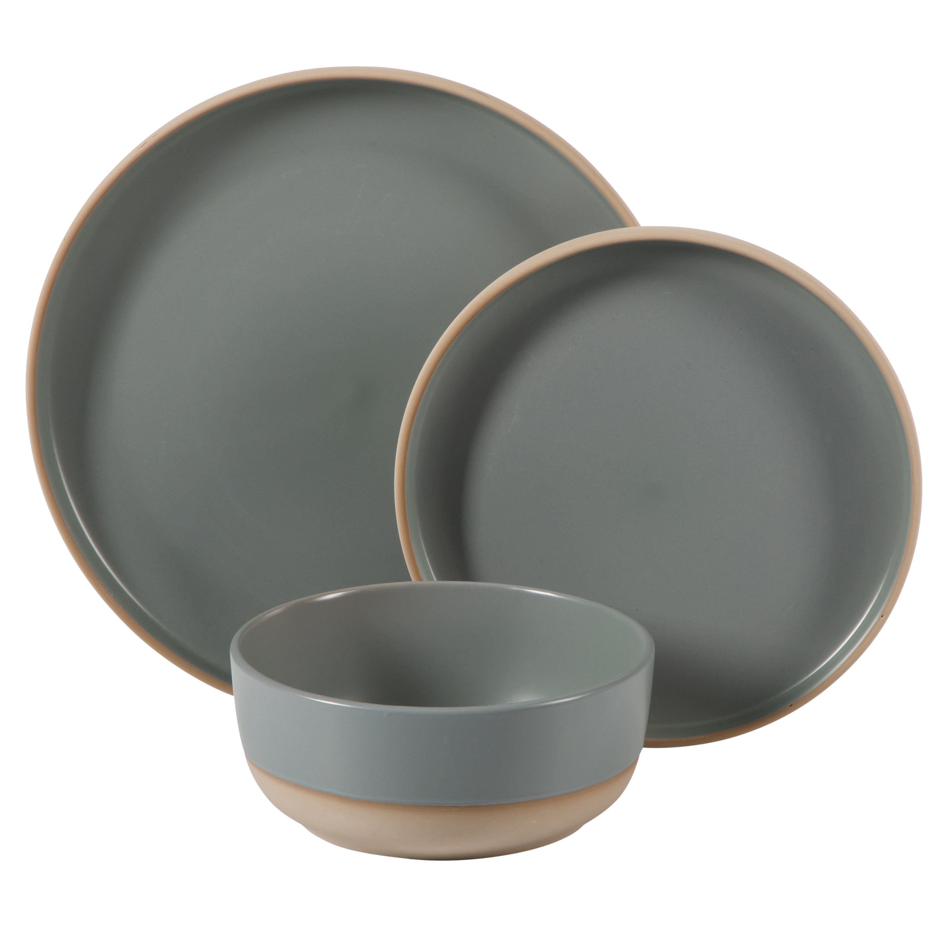 Gibson Home Plates and Bowls Set, 12 Piece Stoneware Dinnerware Set for 4, Matte Two-Tone Glaze, Dishwasher & Microwave Safe, Green