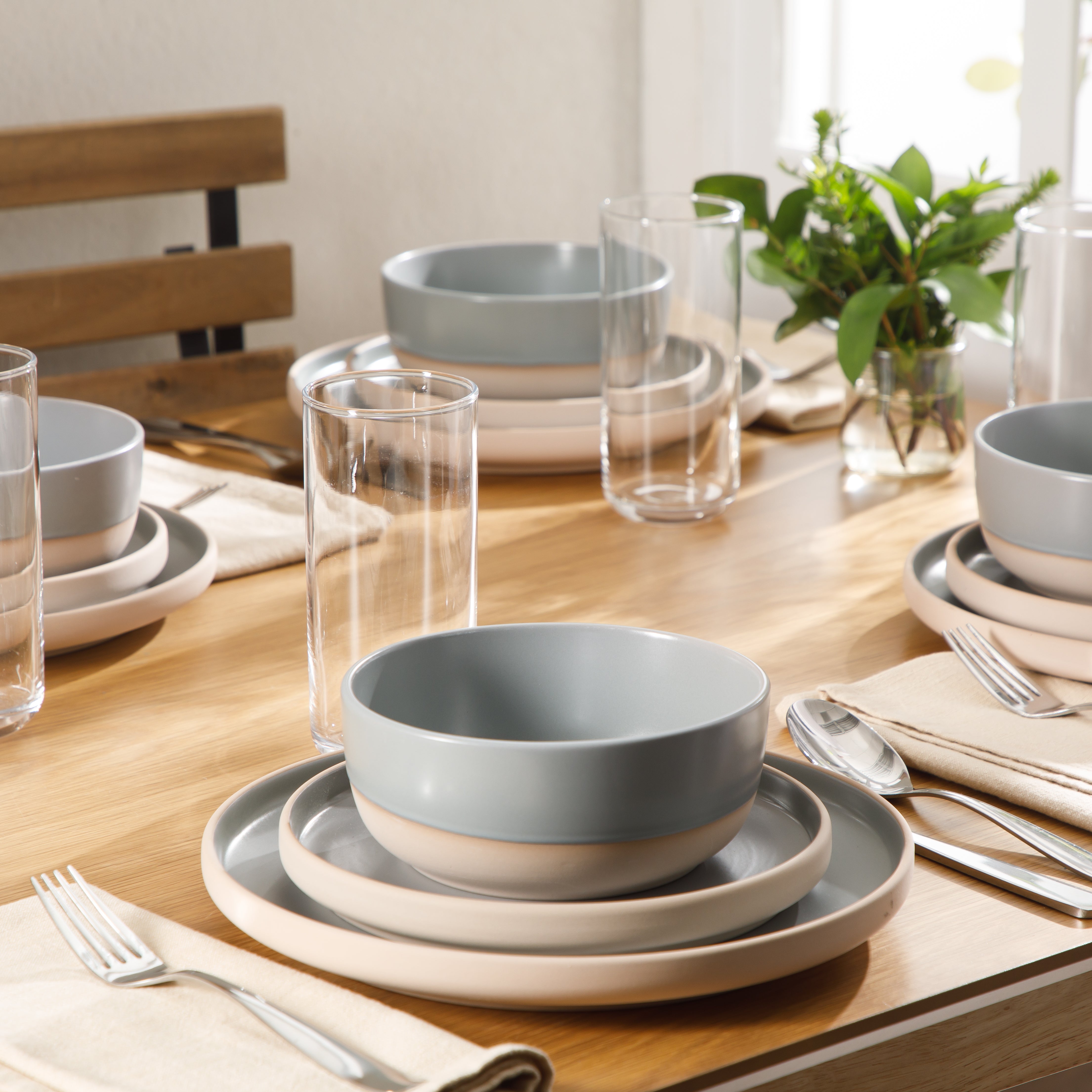 Gibson Home Plates and Bowls Set, 12 Piece Stoneware Dinnerware Set for 4, Matte Two-Tone Glaze, Dishwasher & Microwave Safe, Green
