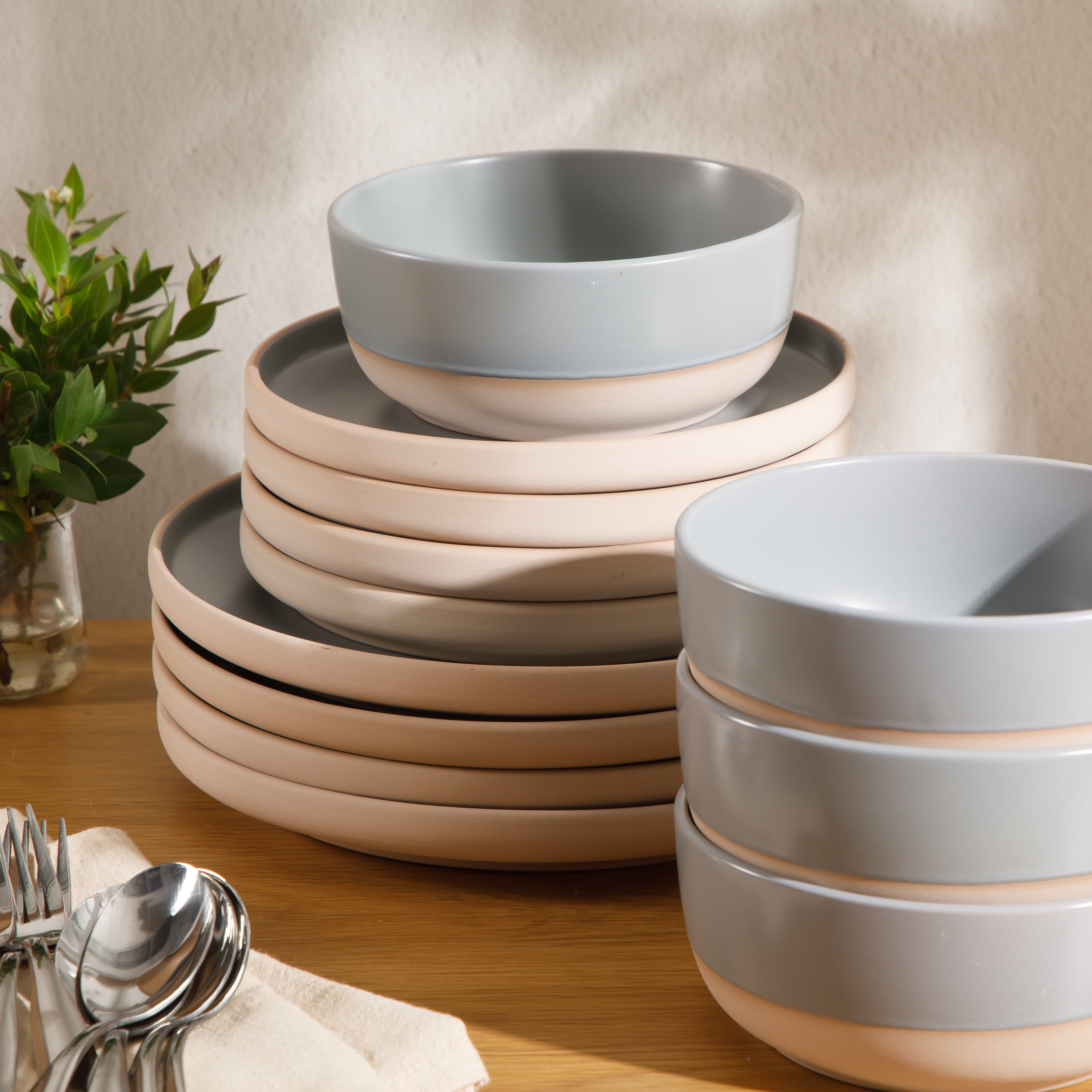 Gibson Home Plates and Bowls Set, 12 Piece Stoneware Dinnerware Set for 4, Matte Two-Tone Glaze, Dishwasher & Microwave Safe, Green