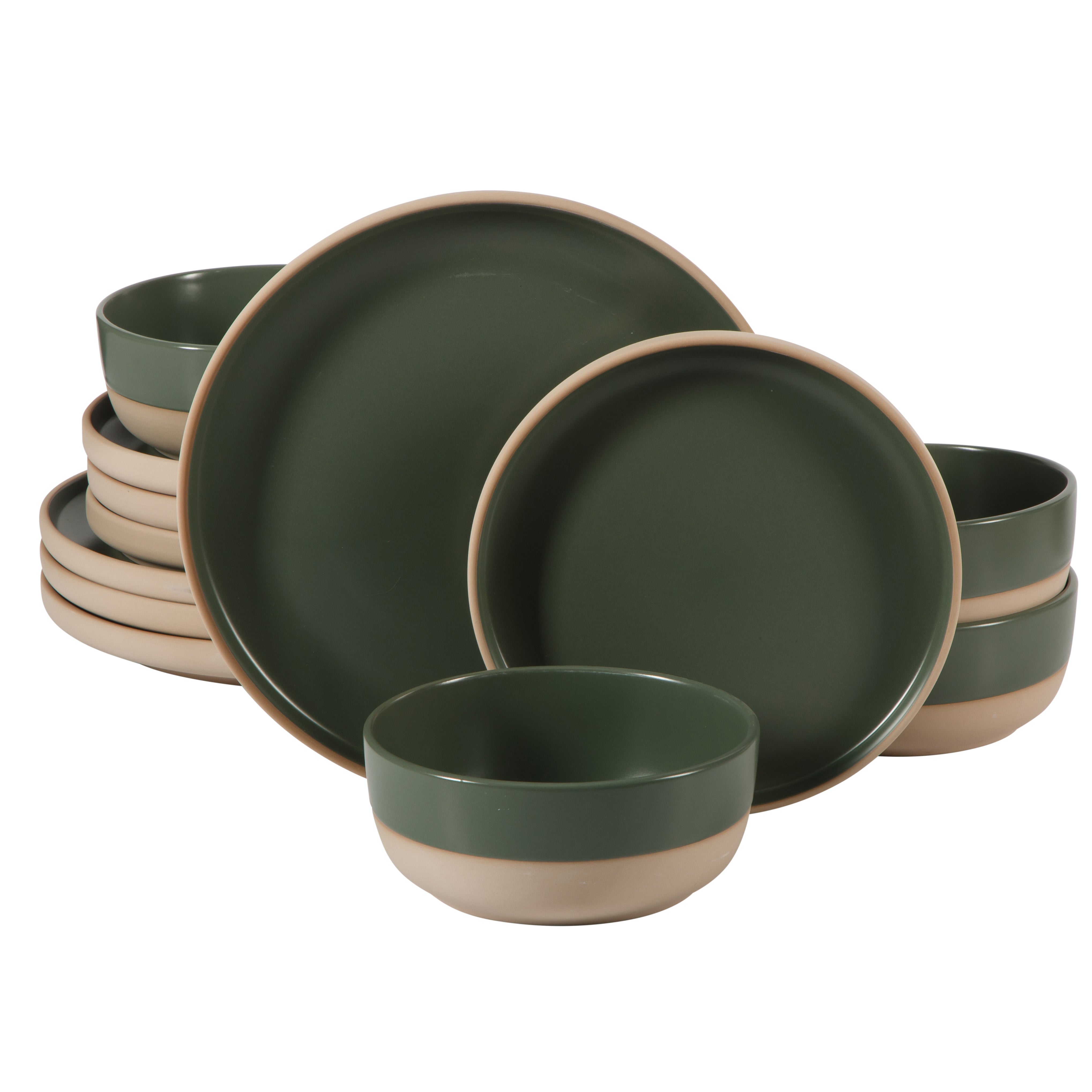 Gibson Home Plates and Bowls Set, 12 Piece Stoneware Dinnerware Set for 4, Matte Two-Tone Glaze, Dishwasher & Microwave Safe, Green