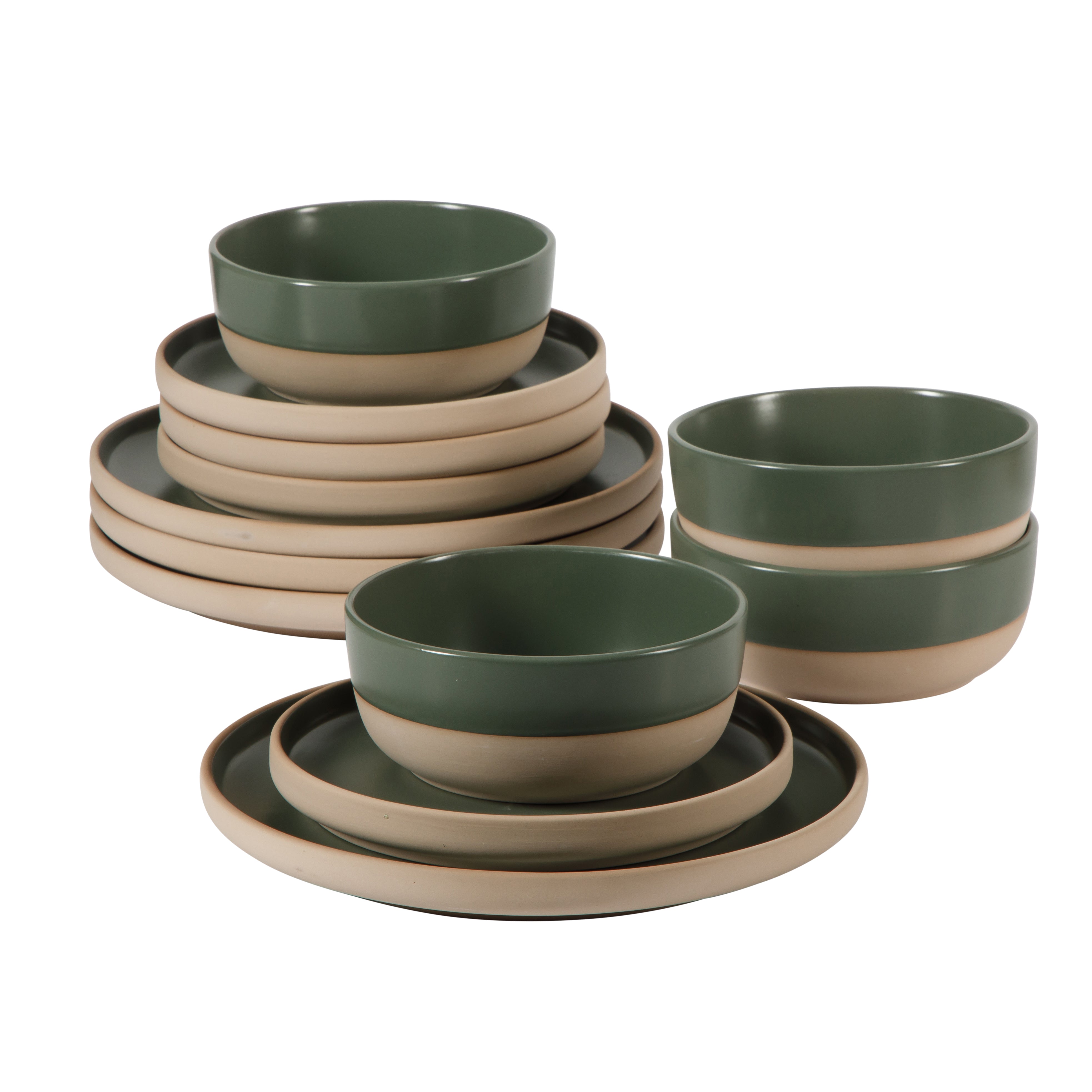 Gibson Home Plates and Bowls Set, 12 Piece Stoneware Dinnerware Set for 4, Matte Two-Tone Glaze, Dishwasher & Microwave Safe, Green