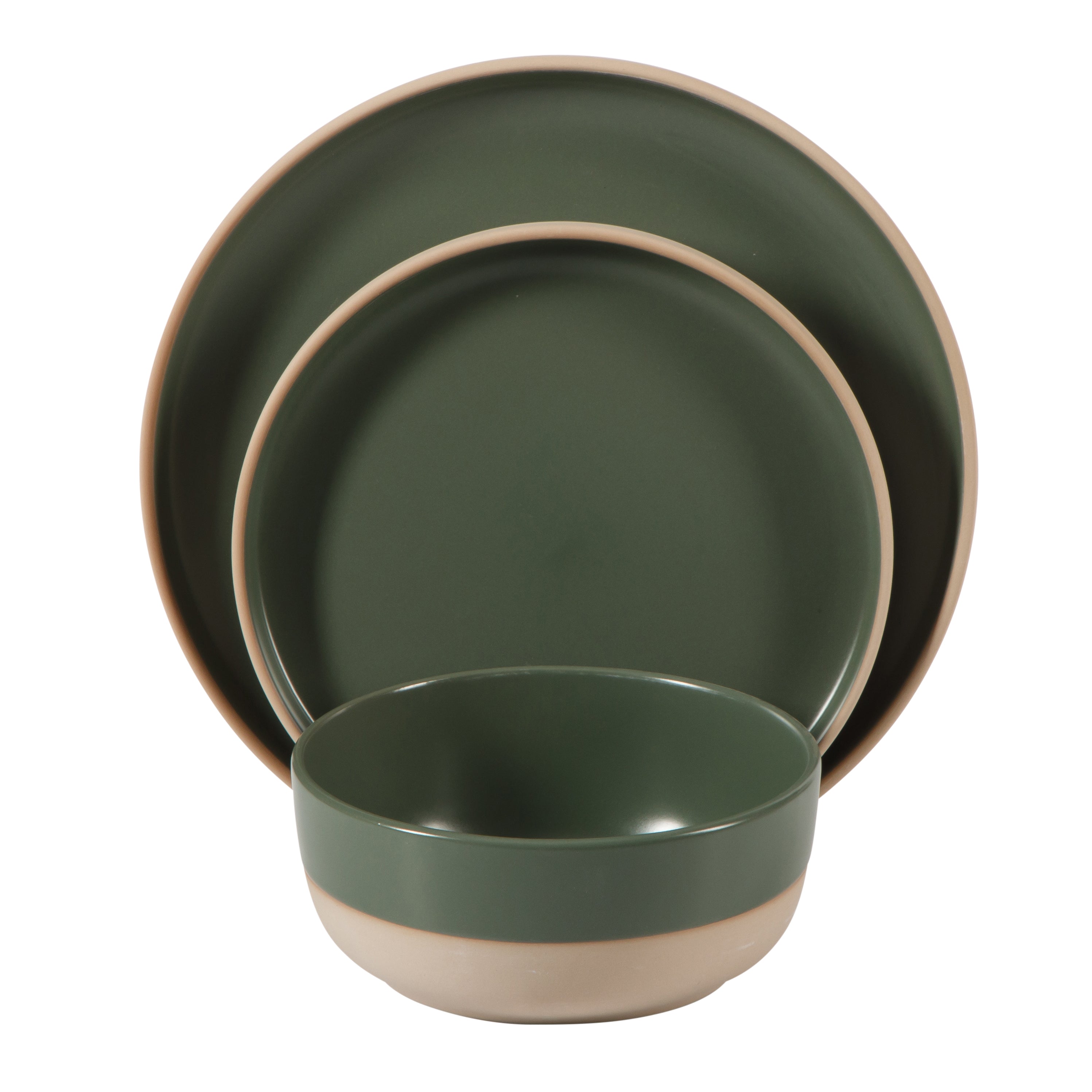 Gibson Home Plates and Bowls Set, 12 Piece Stoneware Dinnerware Set for 4, Matte Two-Tone Glaze, Dishwasher & Microwave Safe, Green