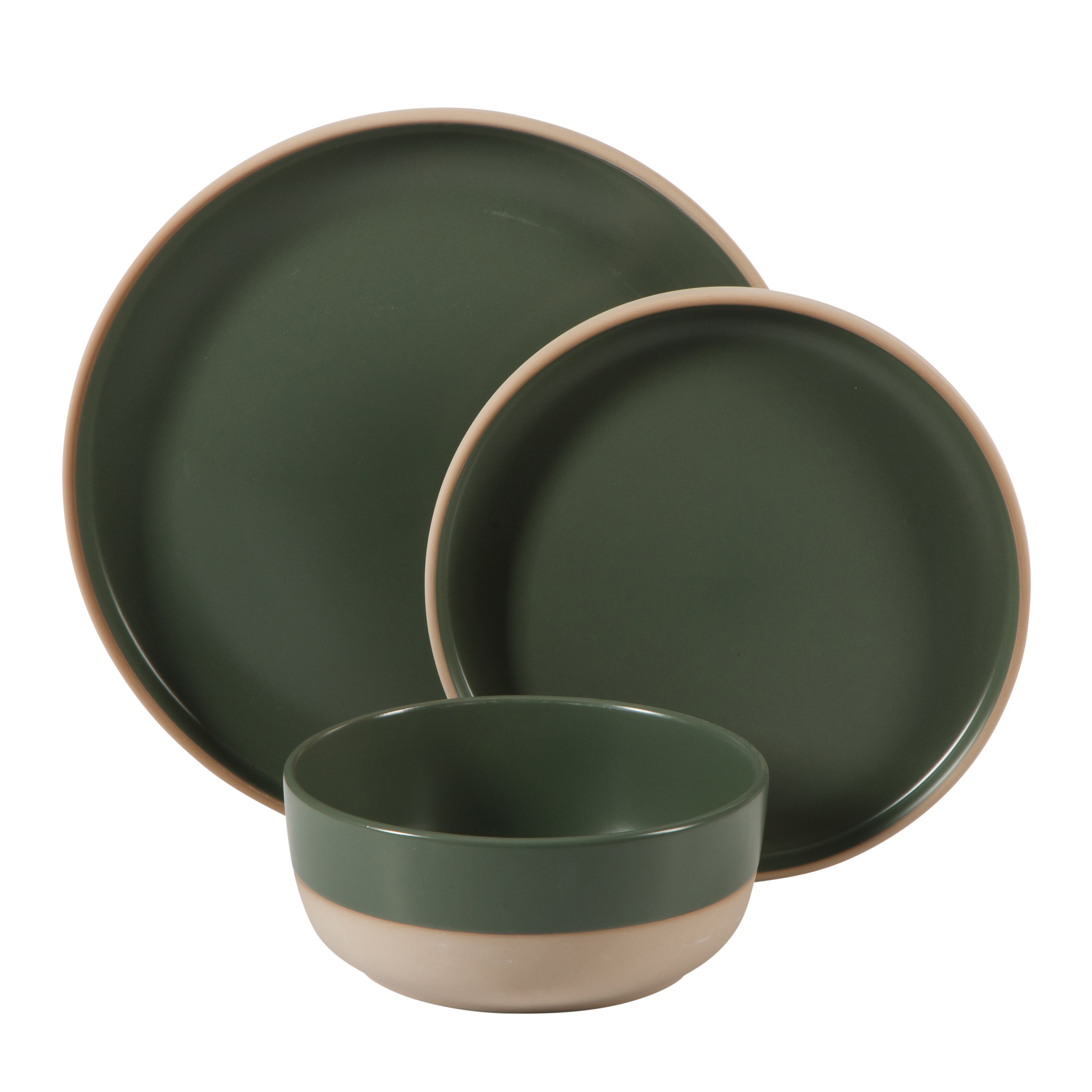 Gibson Home Plates and Bowls Set, 12 Piece Stoneware Dinnerware Set for 4, Matte Two-Tone Glaze, Dishwasher & Microwave Safe, Green