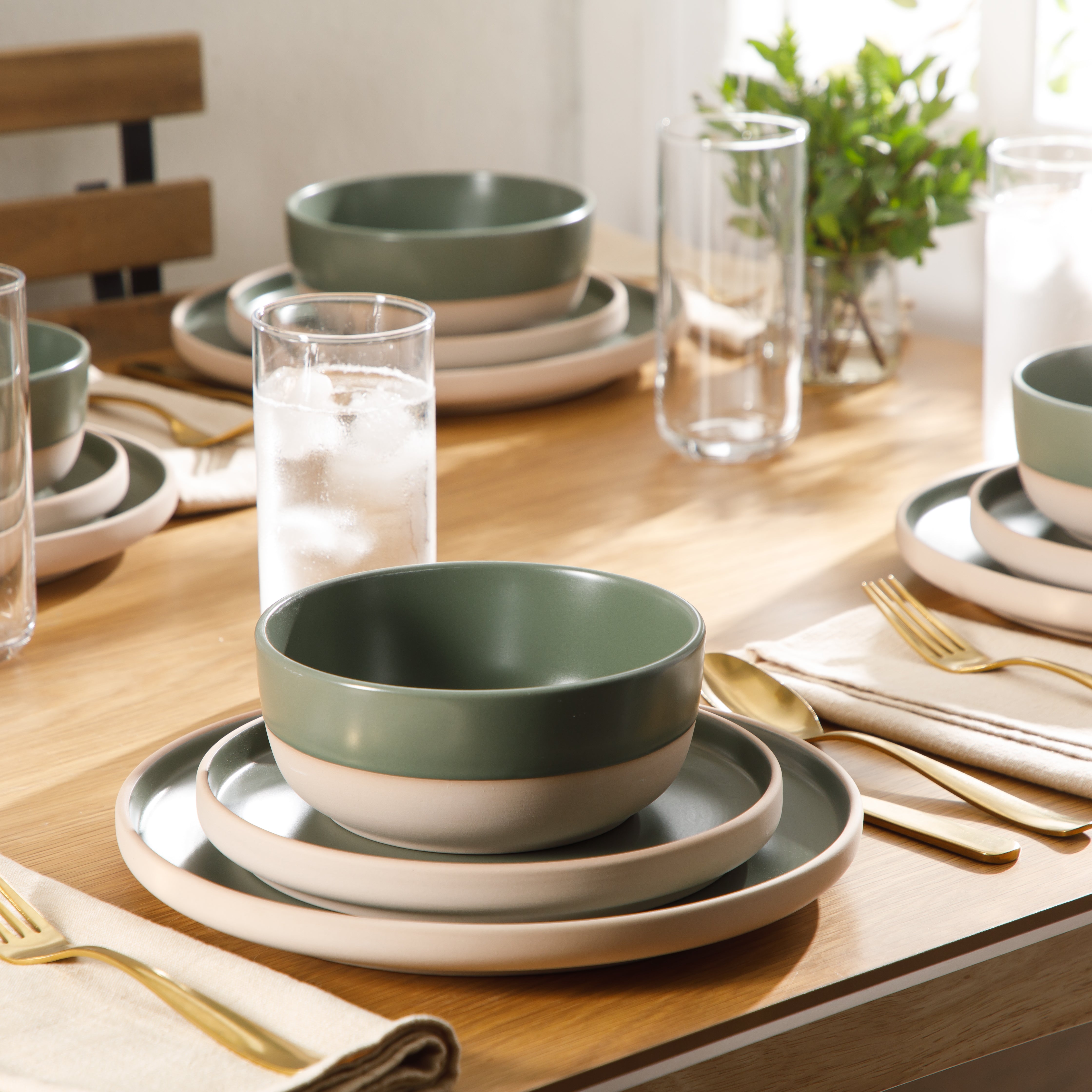 Gibson Home Plates and Bowls Set, 12 Piece Stoneware Dinnerware Set for 4, Matte Two-Tone Glaze, Dishwasher & Microwave Safe, Green