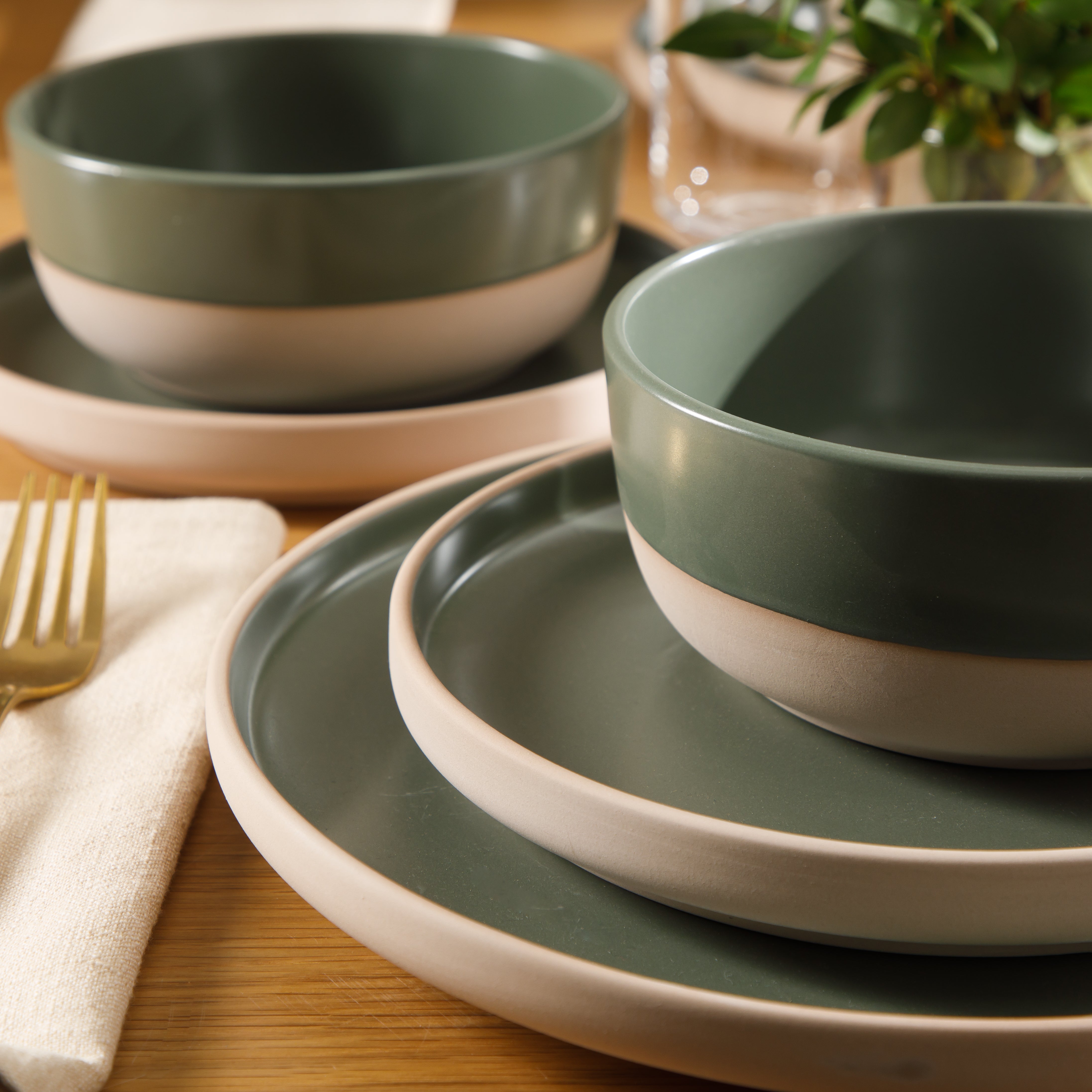 Gibson Home Plates and Bowls Set, 12 Piece Stoneware Dinnerware Set for 4, Matte Two-Tone Glaze, Dishwasher & Microwave Safe, Green
