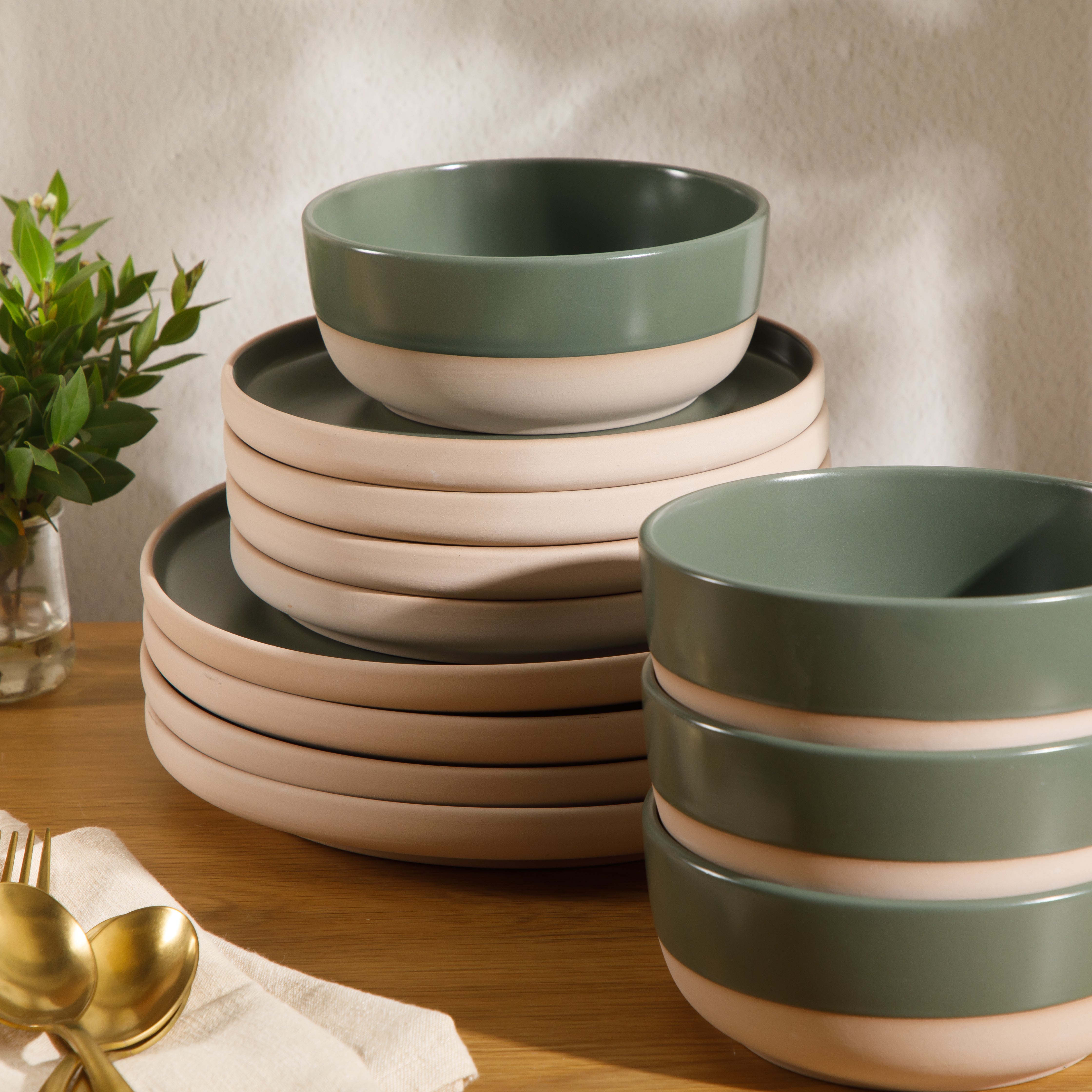 Gibson Home Plates and Bowls Set, 12 Piece Stoneware Dinnerware Set for 4, Matte Two-Tone Glaze, Dishwasher & Microwave Safe, Green