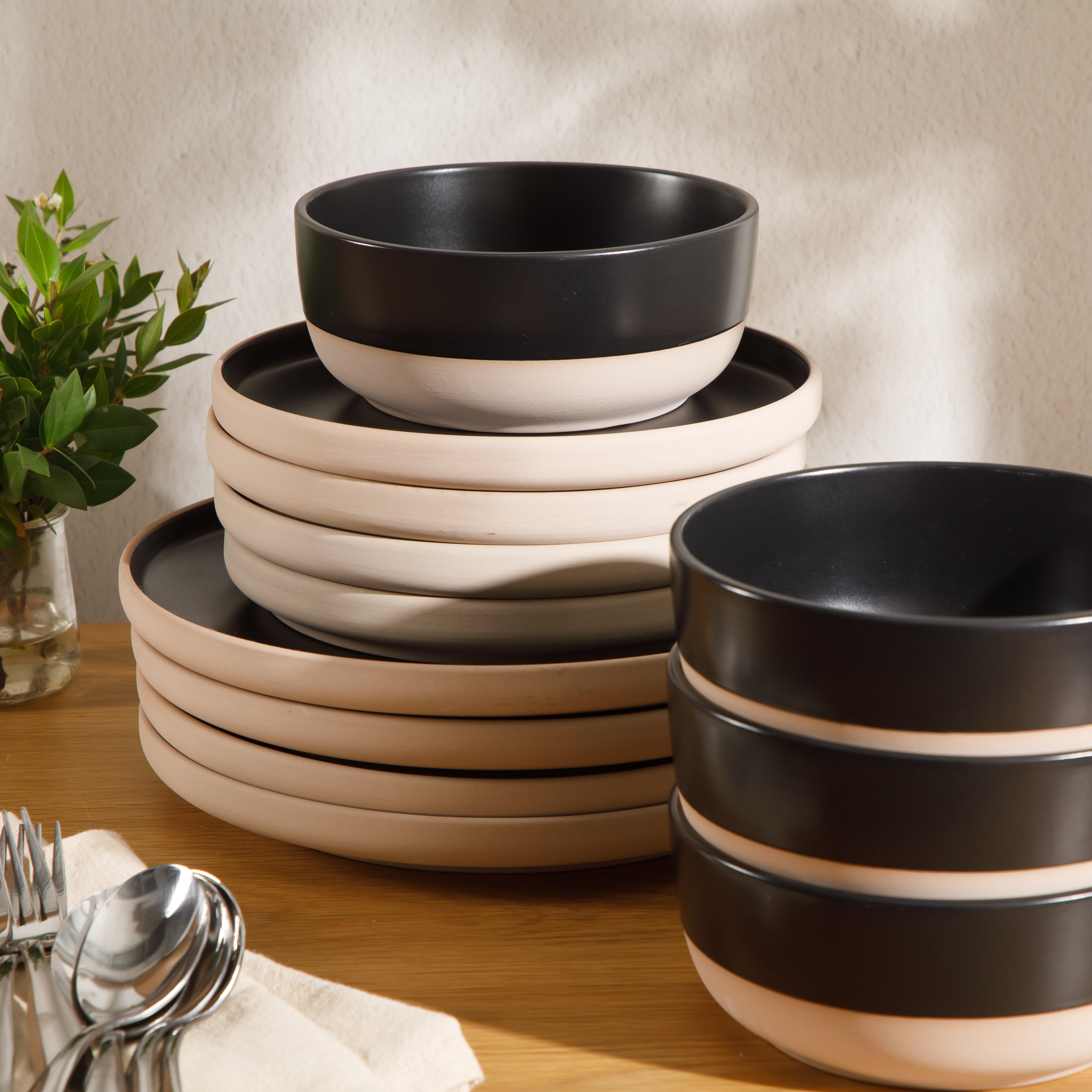 Gibson Home Plates and Bowls Set, 12 Piece Stoneware Dinnerware Set for 4, Matte Two-Tone Glaze, Dishwasher & Microwave Safe, Green