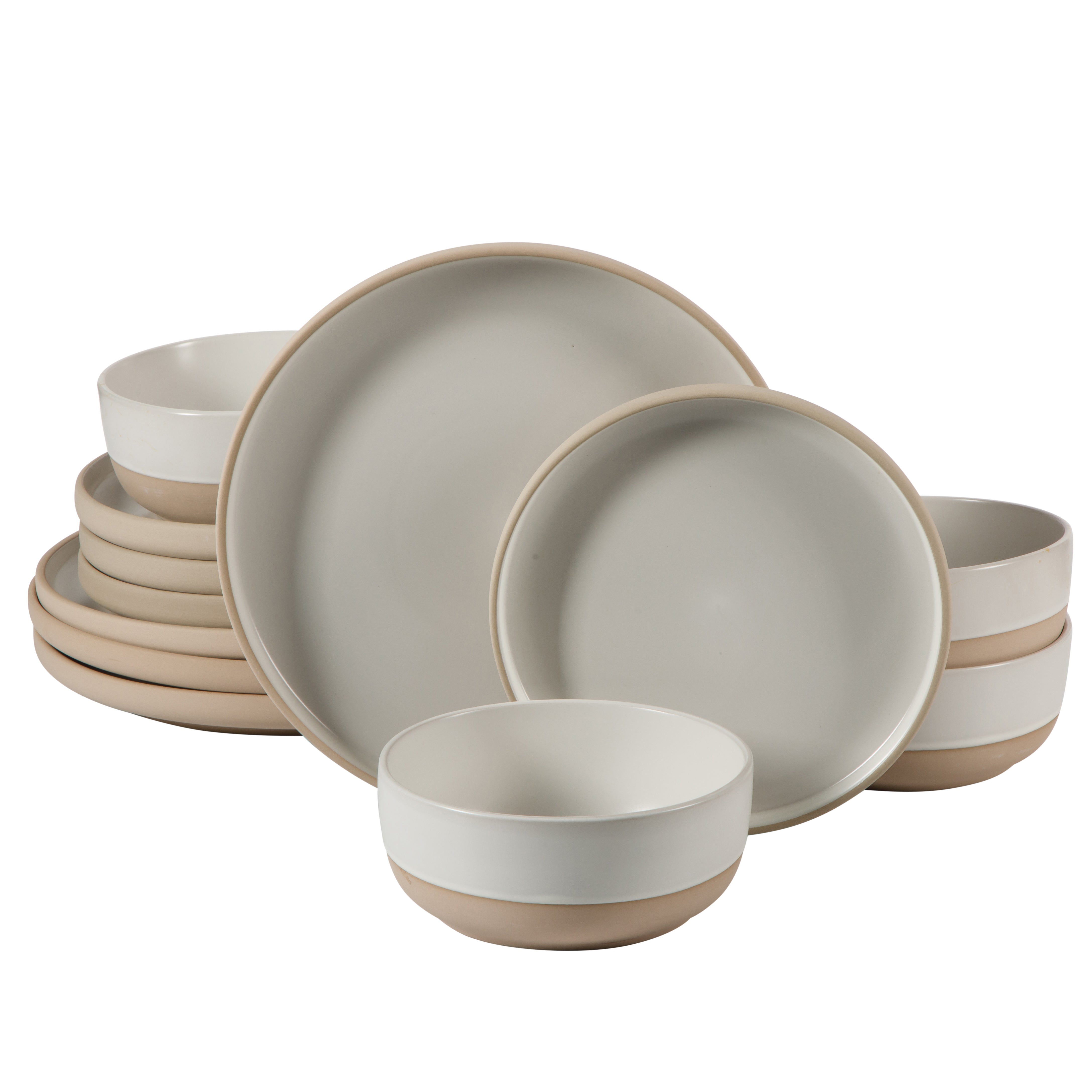 Gibson Home Plates and Bowls Set, 12 Piece Stoneware Dinnerware Set for 4, Matte Two-Tone Glaze, Dishwasher & Microwave Safe, Green