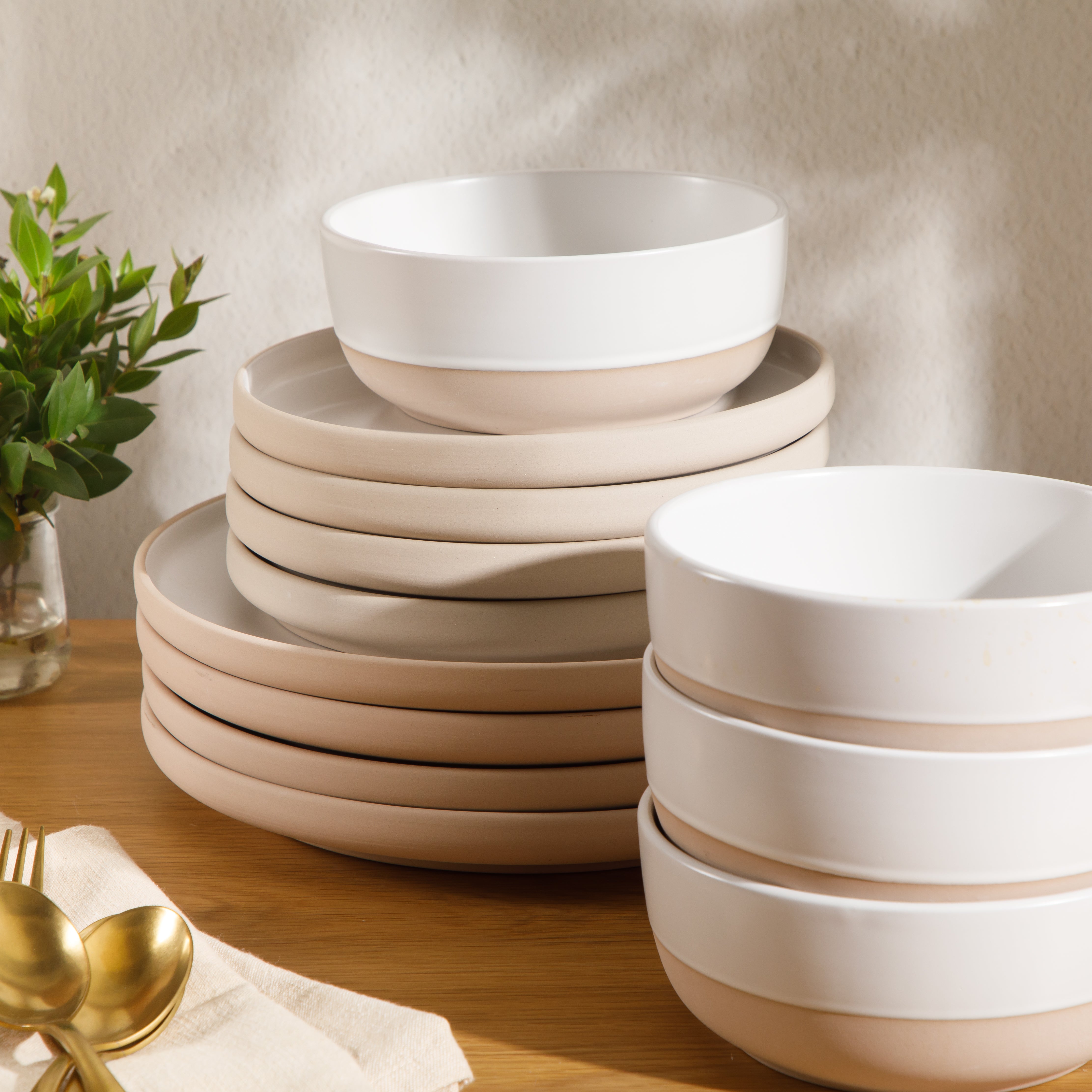 Gibson Home Plates and Bowls Set, 12 Piece Stoneware Dinnerware Set for 4, Matte Two-Tone Glaze, Dishwasher & Microwave Safe, Green