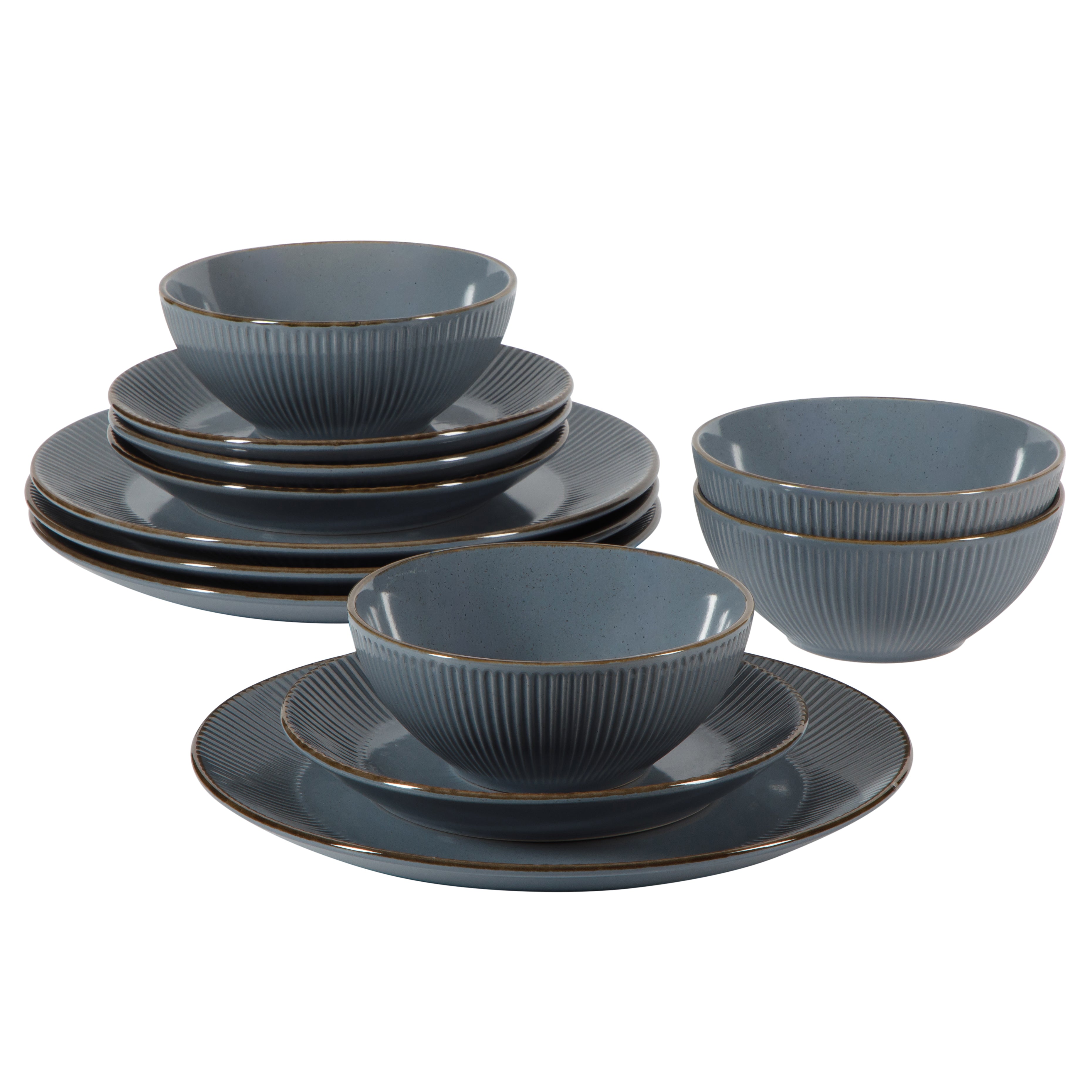 Gibson Home Plates and Bowls Set, 12 Piece Stoneware Dinnerware Set for 4, Ribbed Reactive Glaze, Dishwasher & Microwave Safe