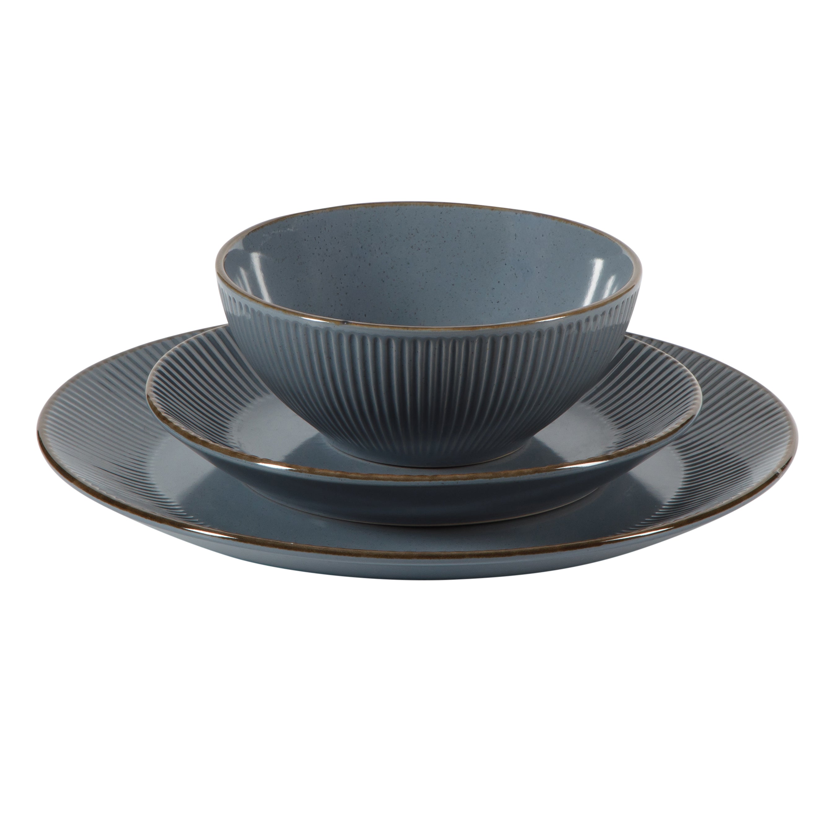 Gibson Home Plates and Bowls Set, 12 Piece Stoneware Dinnerware Set for 4, Ribbed Reactive Glaze, Dishwasher & Microwave Safe