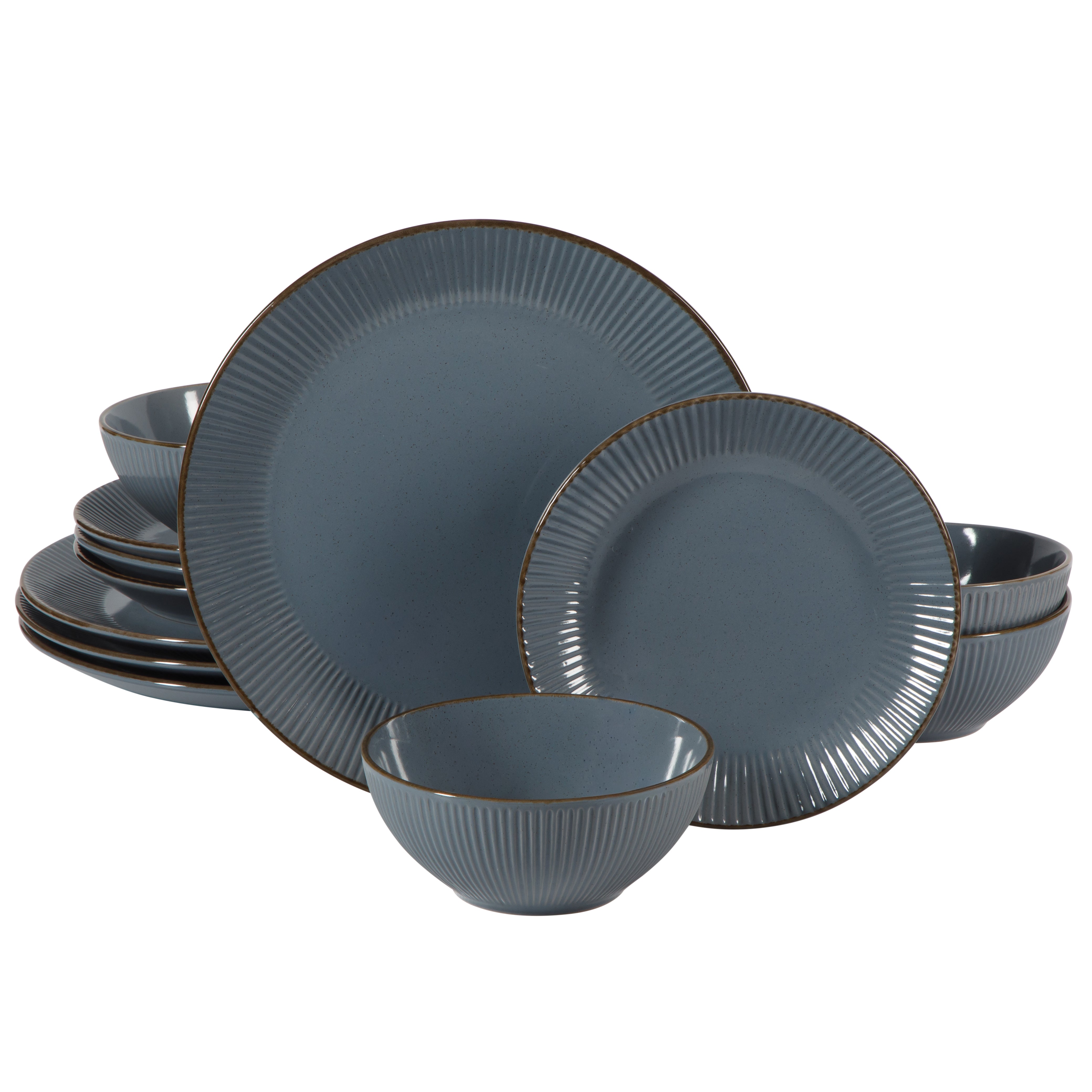 Gibson Home Plates and Bowls Set, 12 Piece Stoneware Dinnerware Set for 4, Ribbed Reactive Glaze, Dishwasher & Microwave Safe