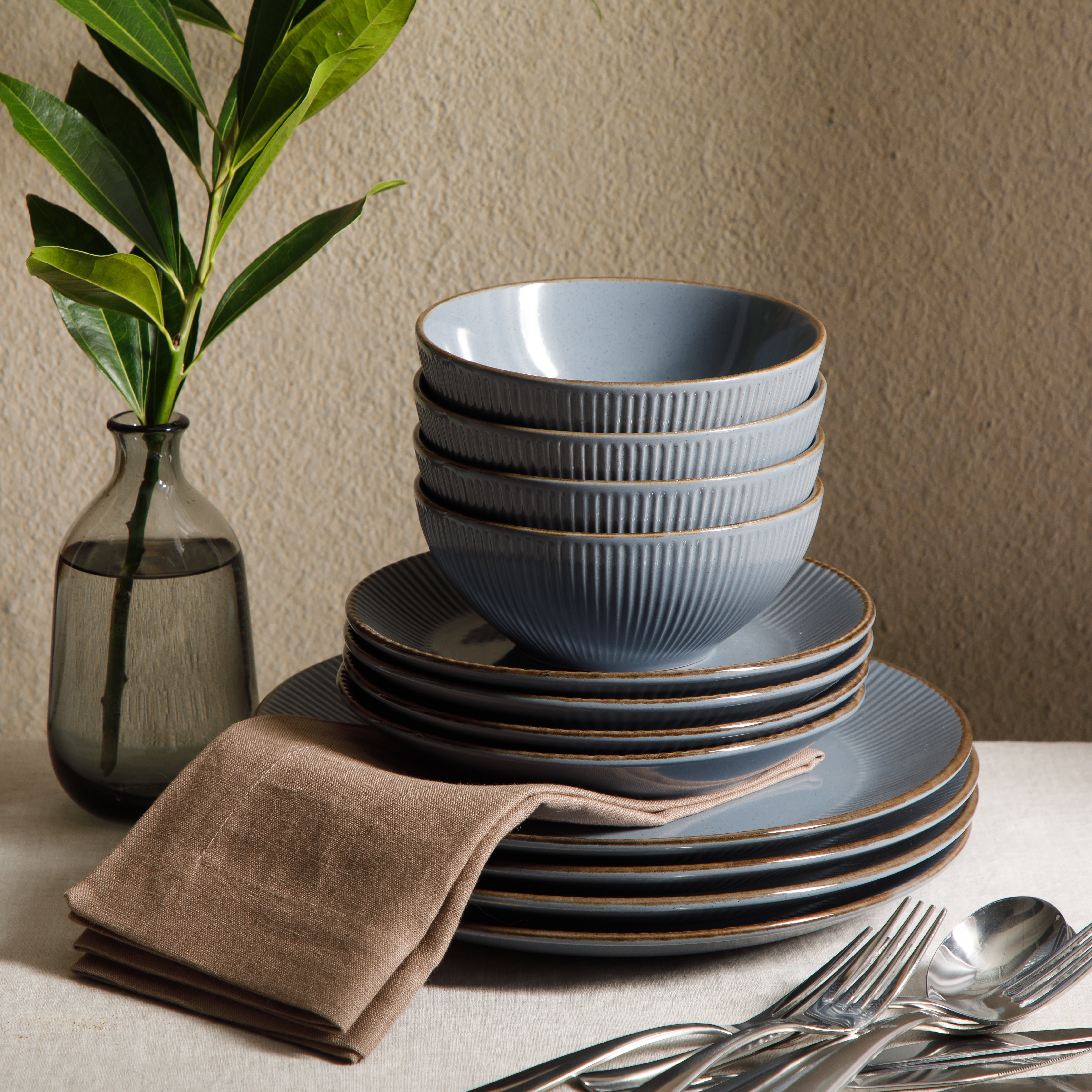 Gibson Home Plates and Bowls Set, 12 Piece Stoneware Dinnerware Set for 4, Ribbed Reactive Glaze, Dishwasher & Microwave Safe