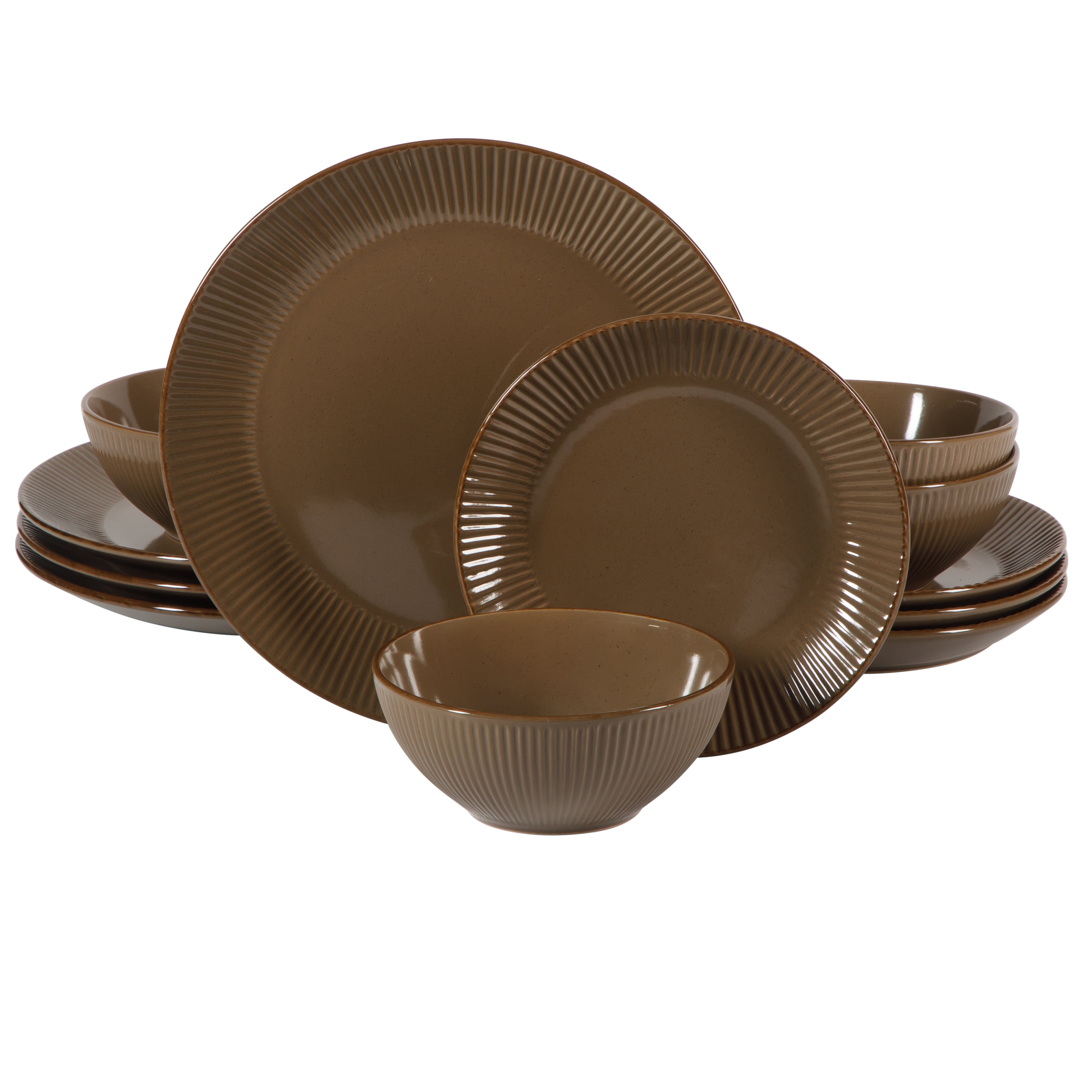 Gibson Home Plates and Bowls Set, 12 Piece Stoneware Dinnerware Set for 4, Ribbed Reactive Glaze, Dishwasher & Microwave Safe