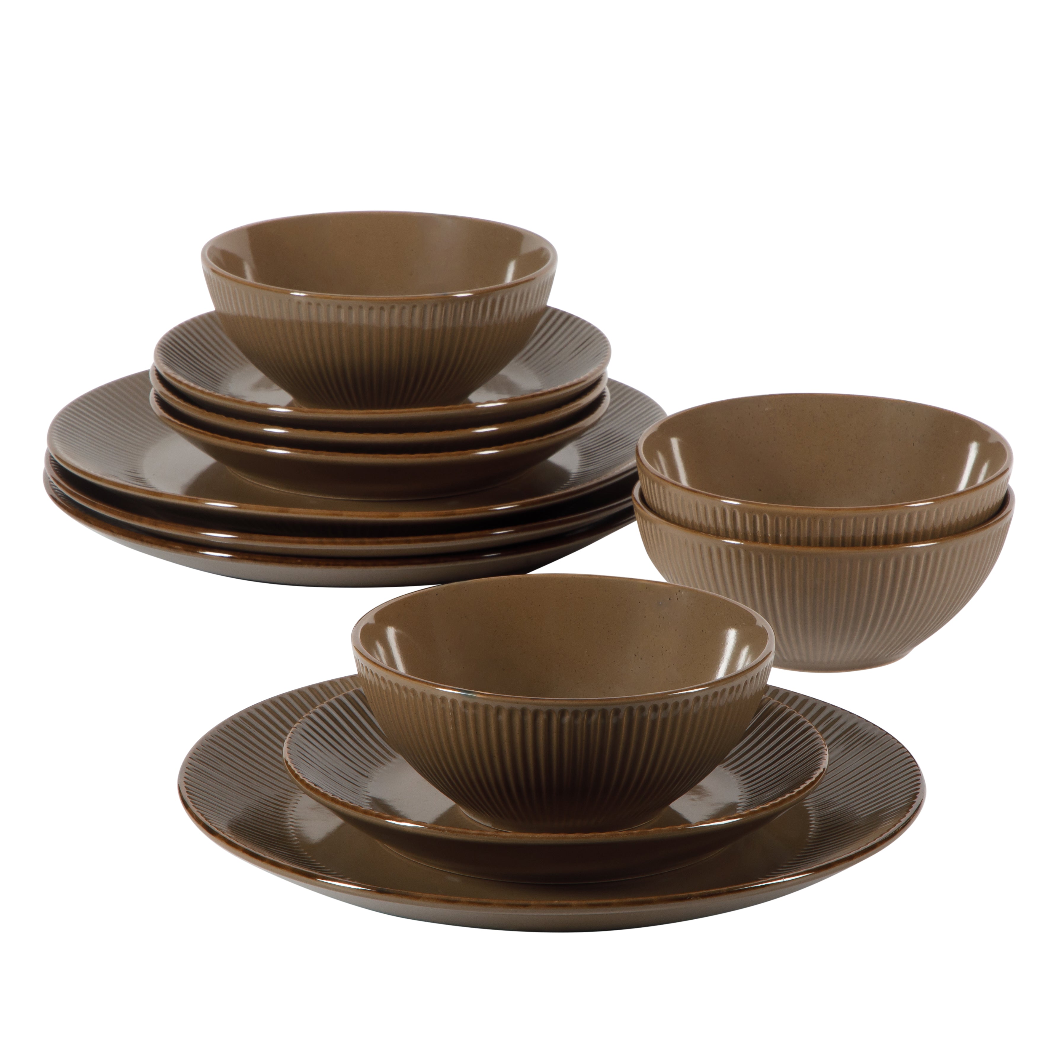 Gibson Home Plates and Bowls Set, 12 Piece Stoneware Dinnerware Set for 4, Ribbed Reactive Glaze, Dishwasher & Microwave Safe