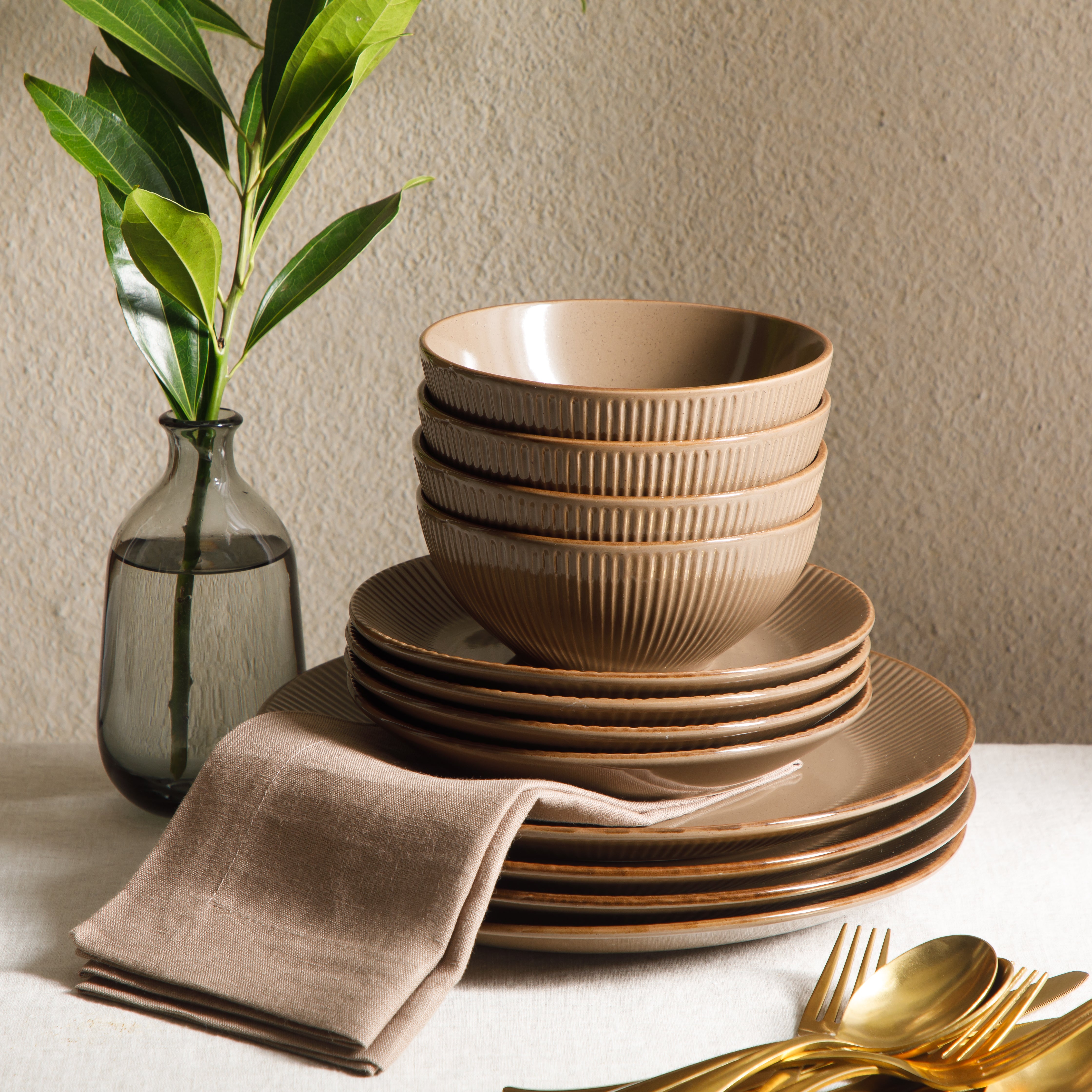 Gibson Home Plates and Bowls Set, 12 Piece Stoneware Dinnerware Set for 4, Ribbed Reactive Glaze, Dishwasher & Microwave Safe