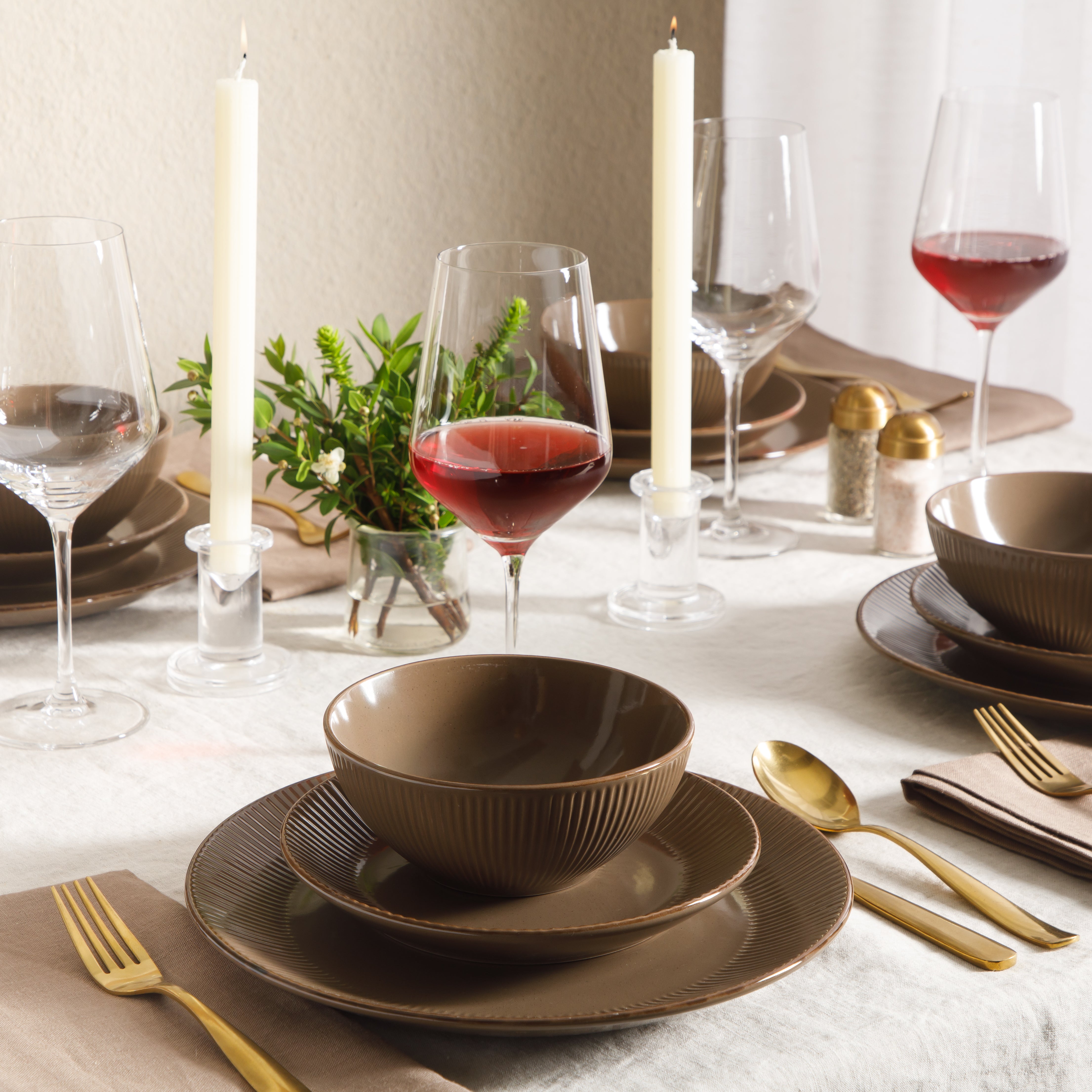 Gibson Home Plates and Bowls Set, 12 Piece Stoneware Dinnerware Set for 4, Ribbed Reactive Glaze, Dishwasher & Microwave Safe