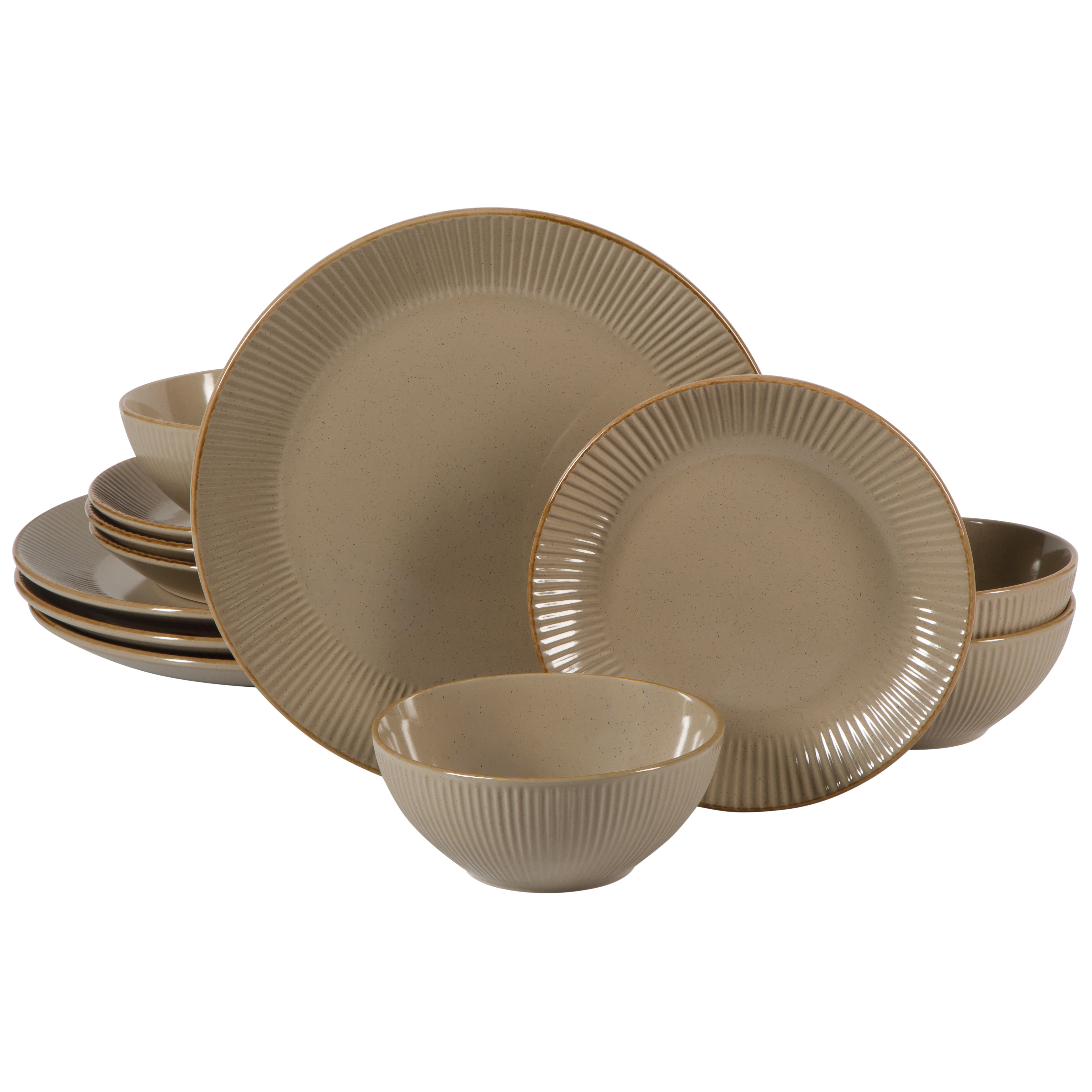 Gibson Home Plates and Bowls Set, 12 Piece Stoneware Dinnerware Set for 4, Ribbed Reactive Glaze, Dishwasher & Microwave Safe