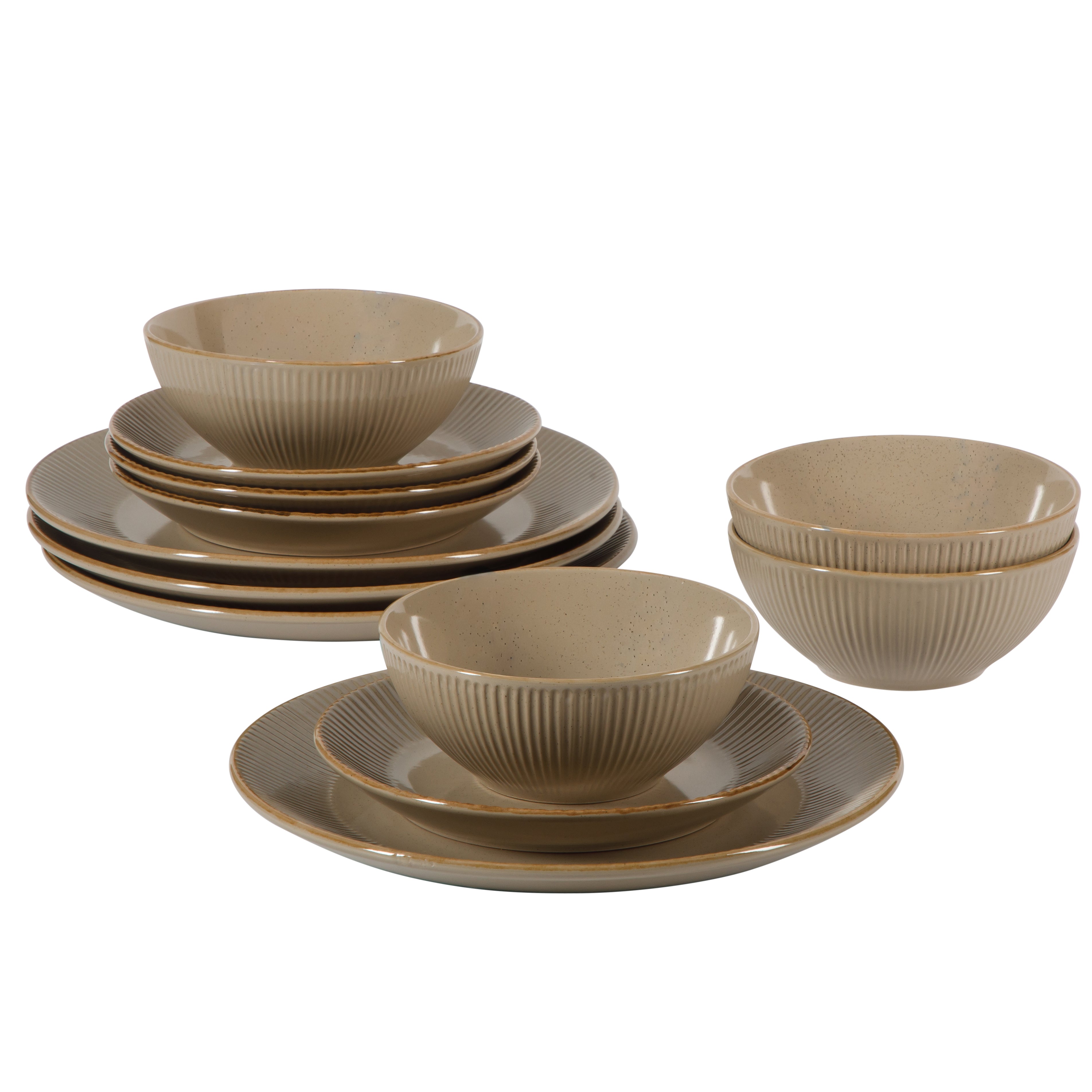 Gibson Home Plates and Bowls Set, 12 Piece Stoneware Dinnerware Set for 4, Ribbed Reactive Glaze, Dishwasher & Microwave Safe