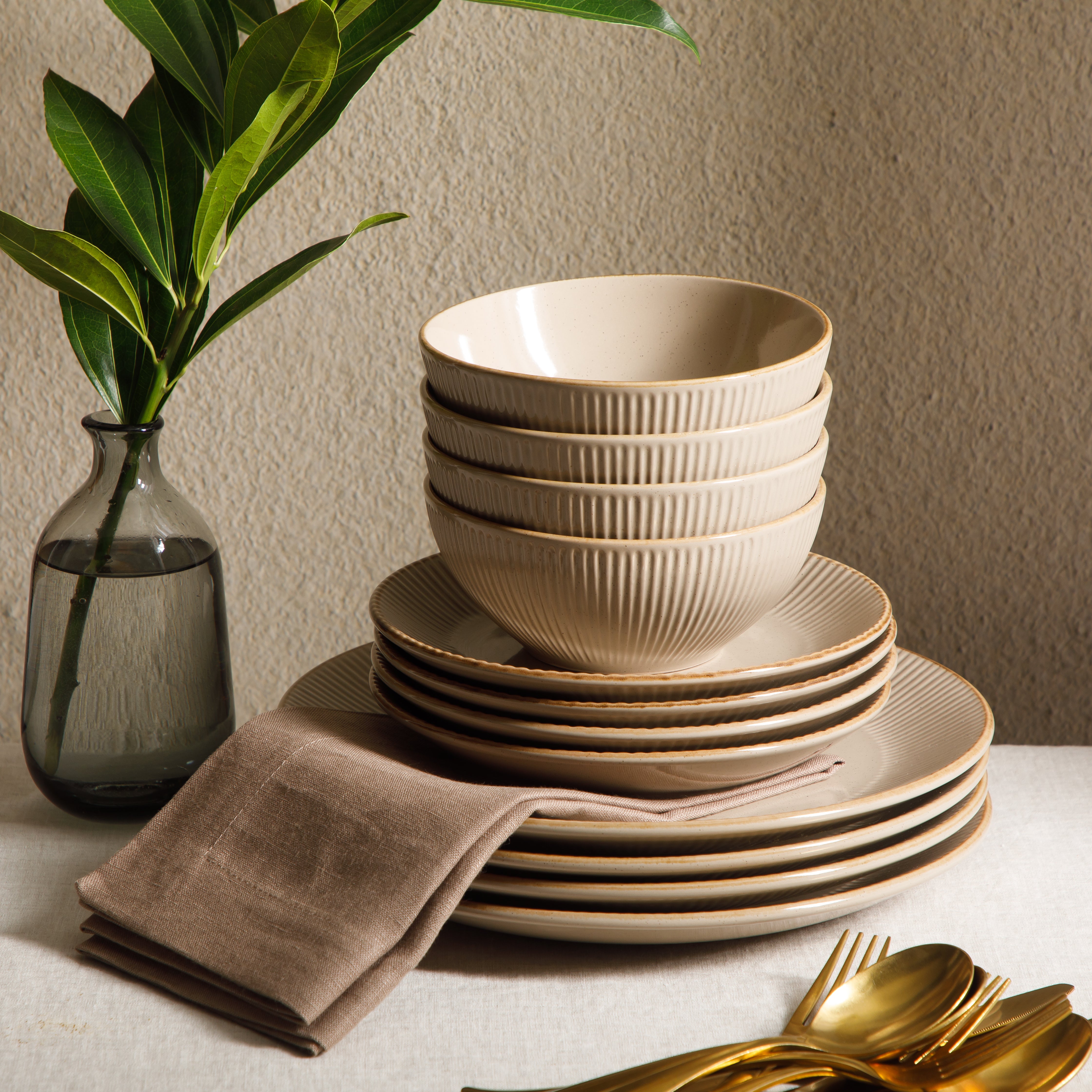 Gibson Home Plates and Bowls Set, 12 Piece Stoneware Dinnerware Set for 4, Ribbed Reactive Glaze, Dishwasher & Microwave Safe