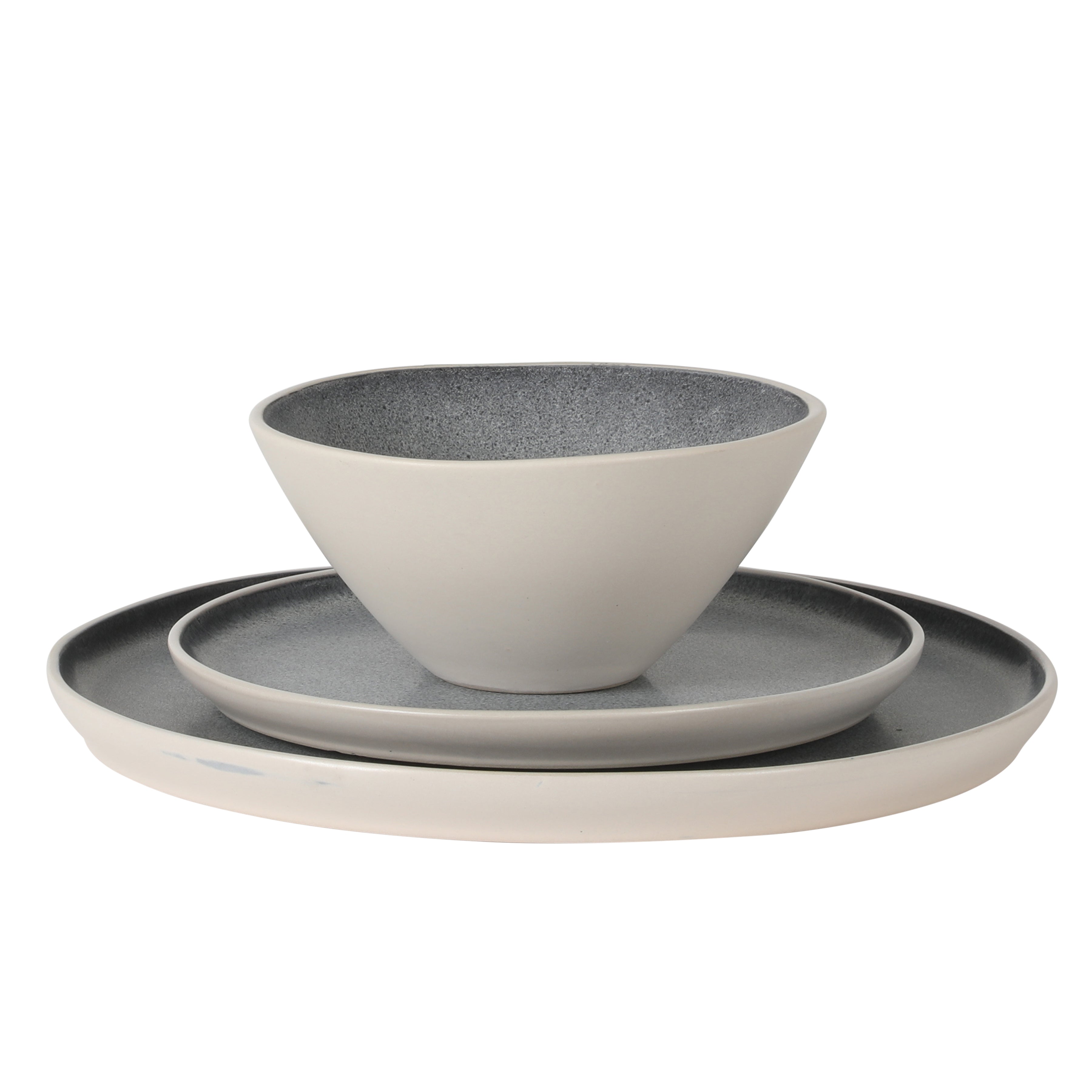 Gibson Elite Coastal Forest Plates and Bowls Sets, 12-Piece Stoneware Dinnerware Sets, Triple Reactive Glaze Dish Set - Grey and Cream White