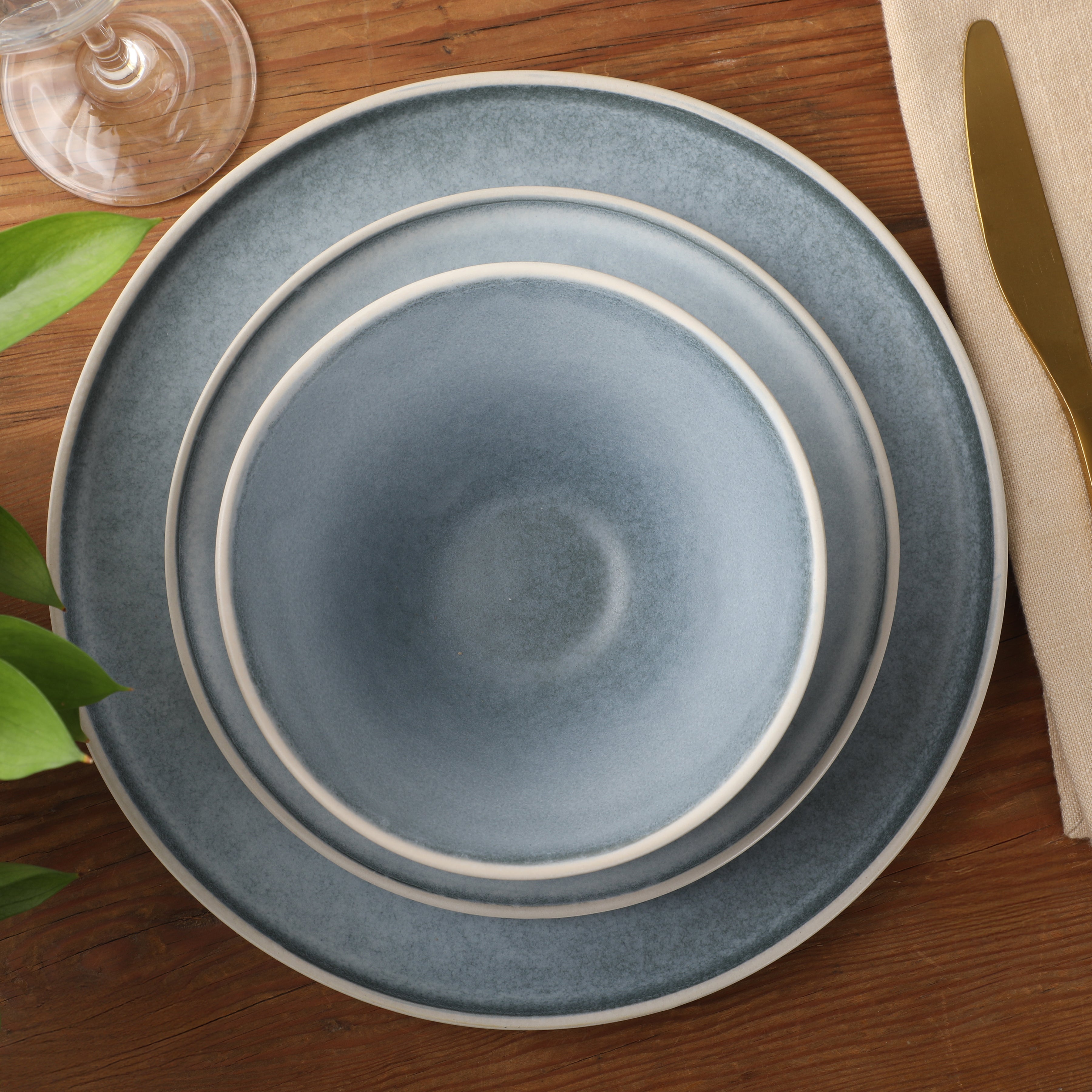 Gibson Elite Coastal Forest Plates and Bowls Sets, 12-Piece Stoneware Dinnerware Sets, Triple Reactive Glaze Dish Set - Grey and Cream White