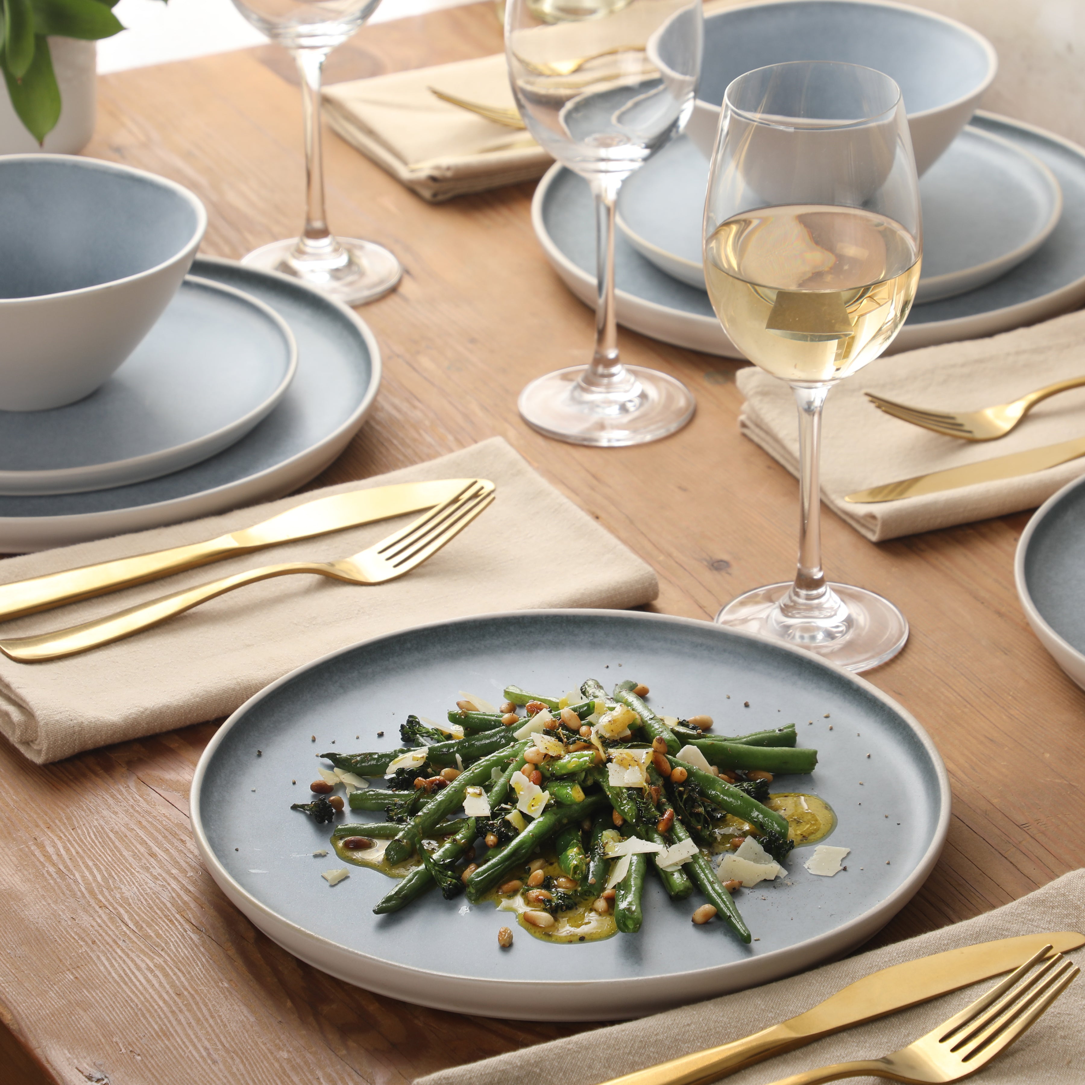 Gibson Elite Coastal Forest Plates and Bowls Sets, 12-Piece Stoneware Dinnerware Sets, Triple Reactive Glaze Dish Set - Grey and Cream White