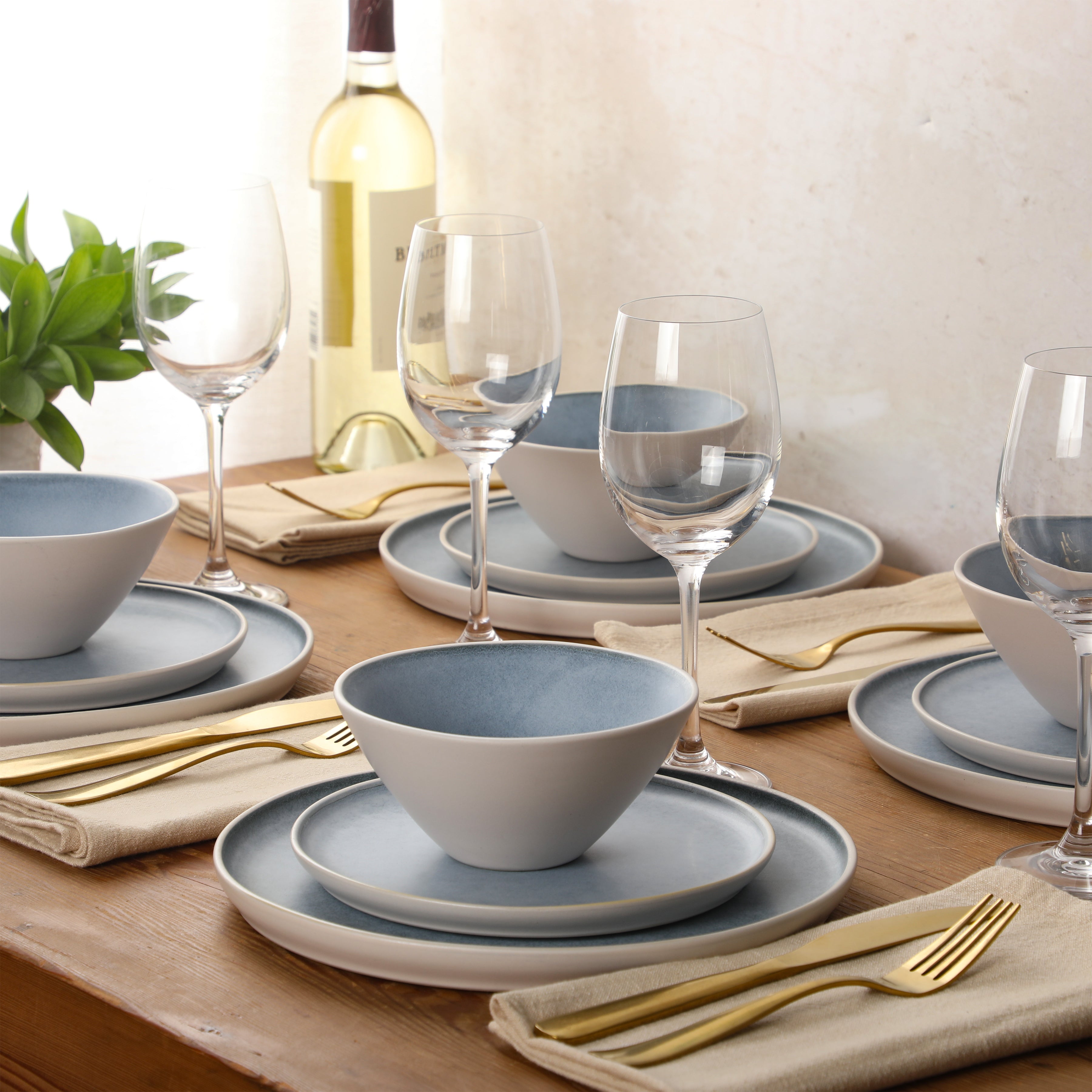 Gibson Elite Coastal Forest Plates and Bowls Sets, 12-Piece Stoneware Dinnerware Sets, Triple Reactive Glaze Dish Set - Grey and Cream White