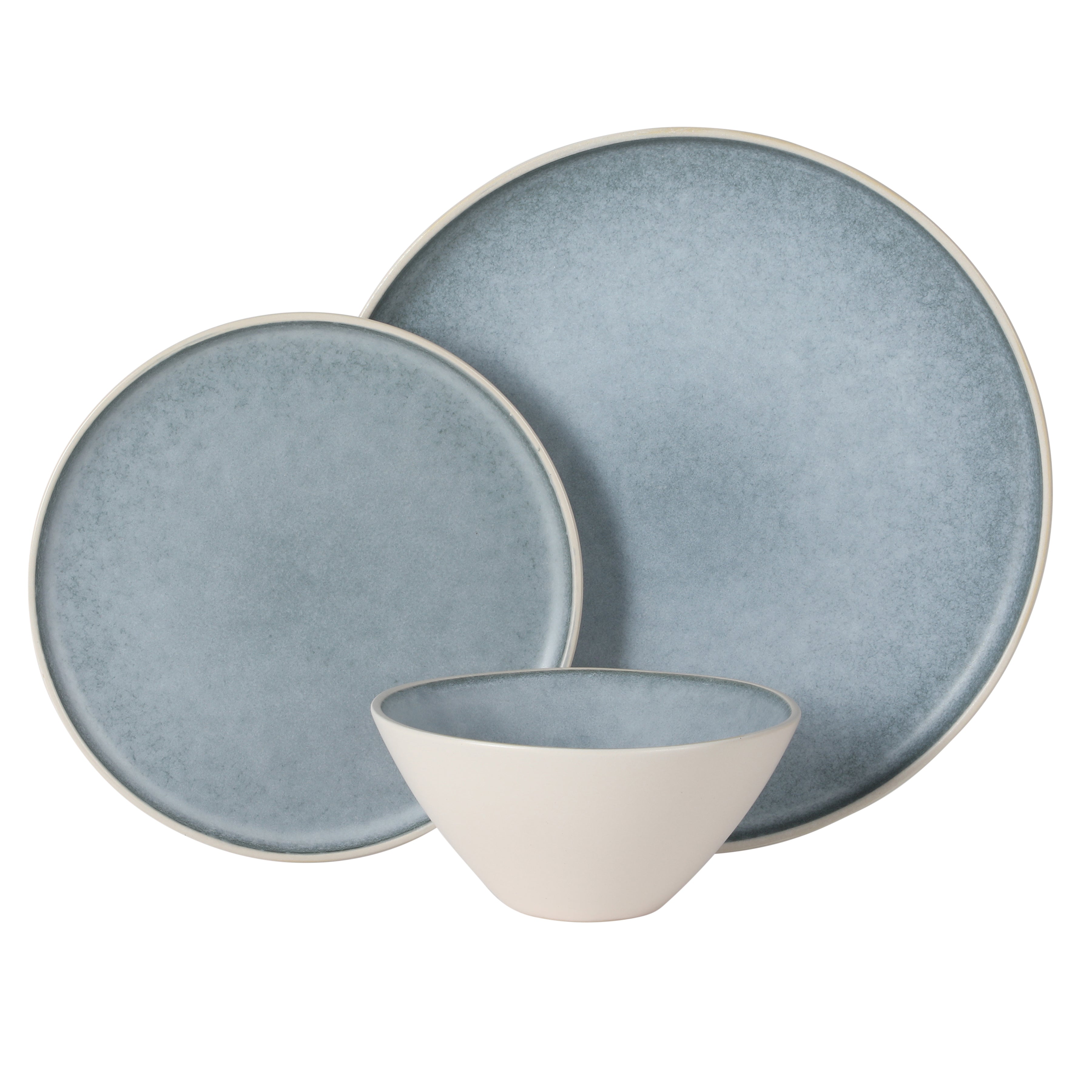 Gibson Elite Coastal Forest Plates and Bowls Sets, 12-Piece Stoneware Dinnerware Sets, Triple Reactive Glaze Dish Set - Grey and Cream White