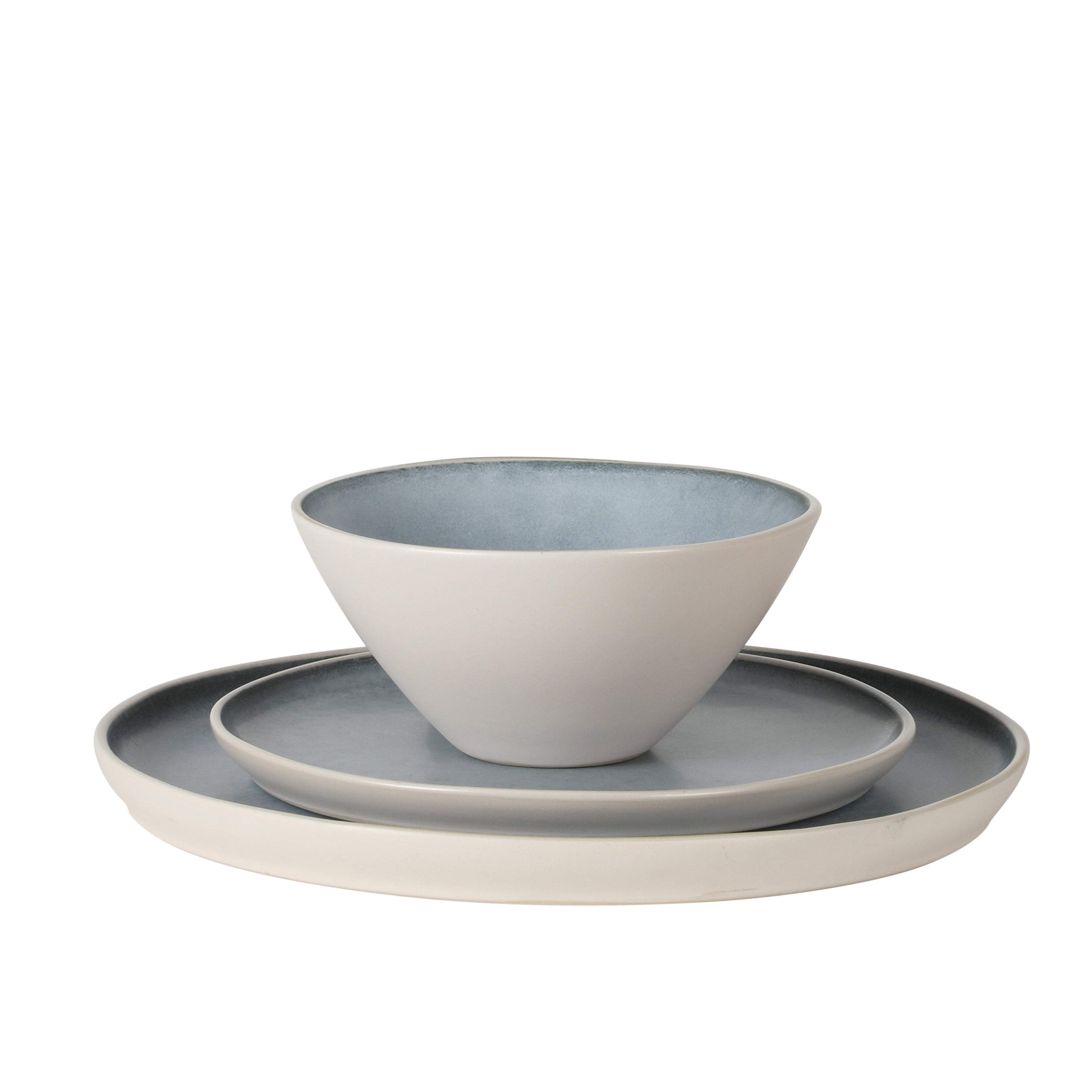 Gibson Elite Coastal Forest Plates and Bowls Sets, 12-Piece Stoneware Dinnerware Sets, Triple Reactive Glaze Dish Set - Grey and Cream White