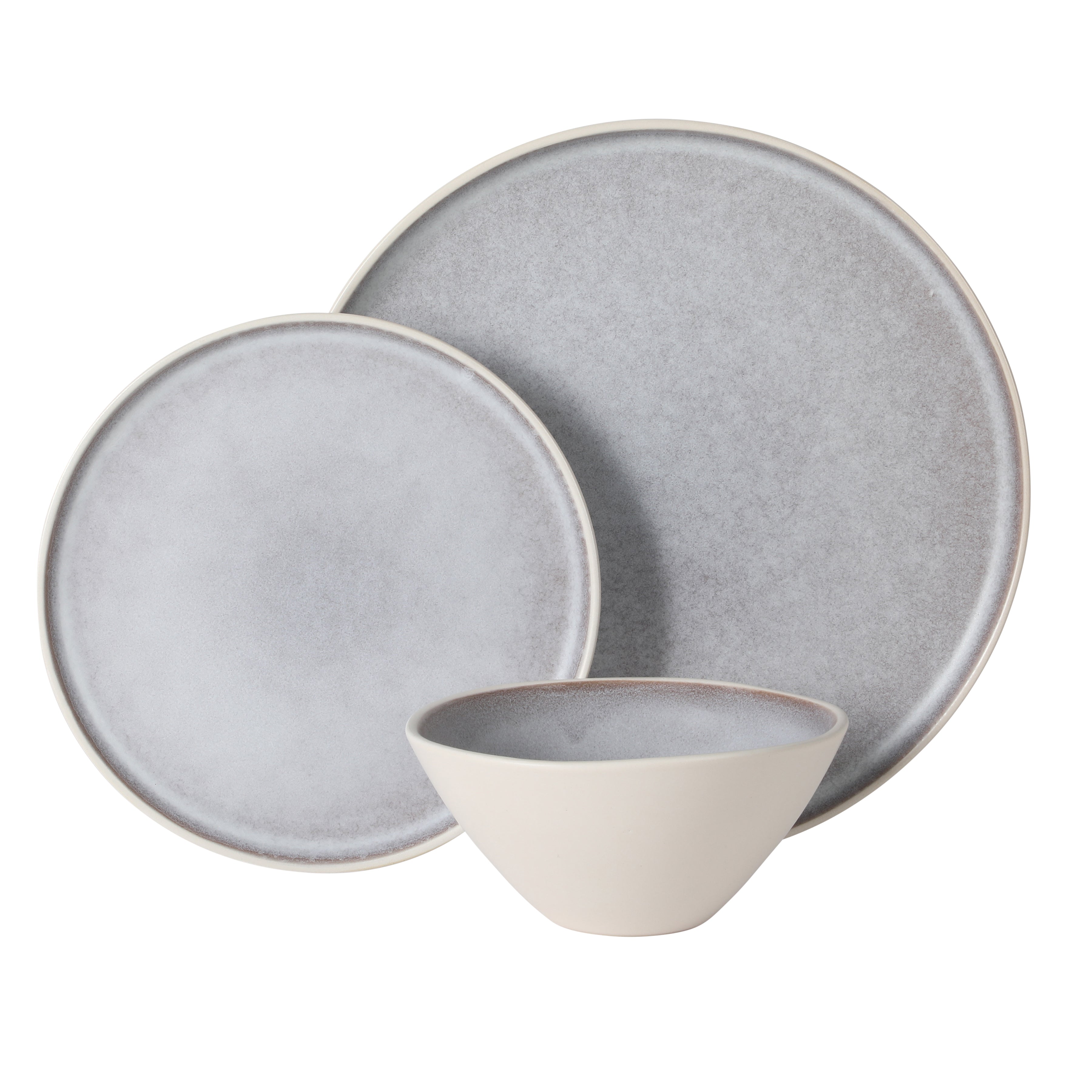 Gibson Elite Coastal Forest Plates and Bowls Sets, 12-Piece Stoneware Dinnerware Sets, Triple Reactive Glaze Dish Set - Grey and Cream White
