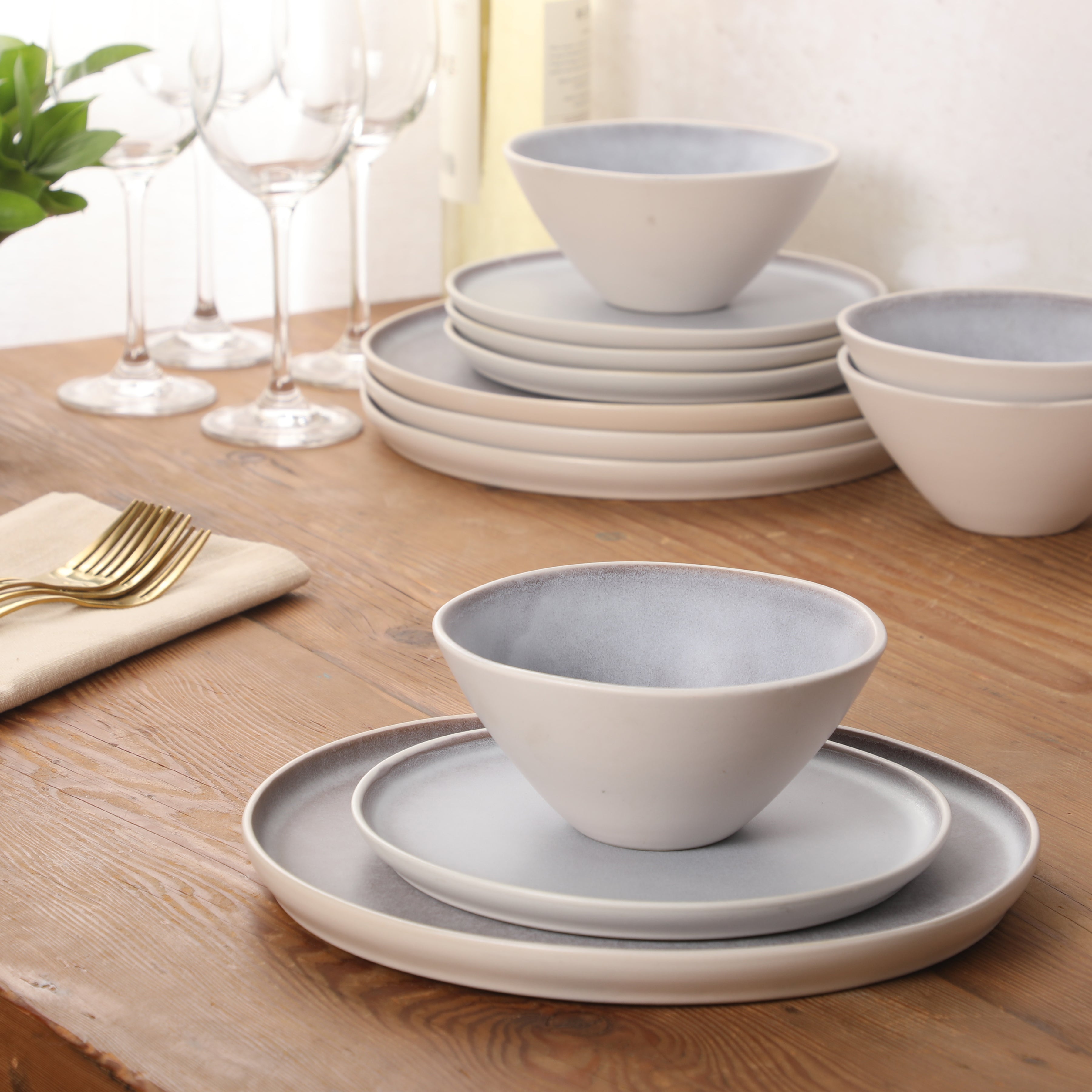 Gibson Elite Coastal Forest Plates and Bowls Sets, 12-Piece Stoneware Dinnerware Sets, Triple Reactive Glaze Dish Set - Grey and Cream White