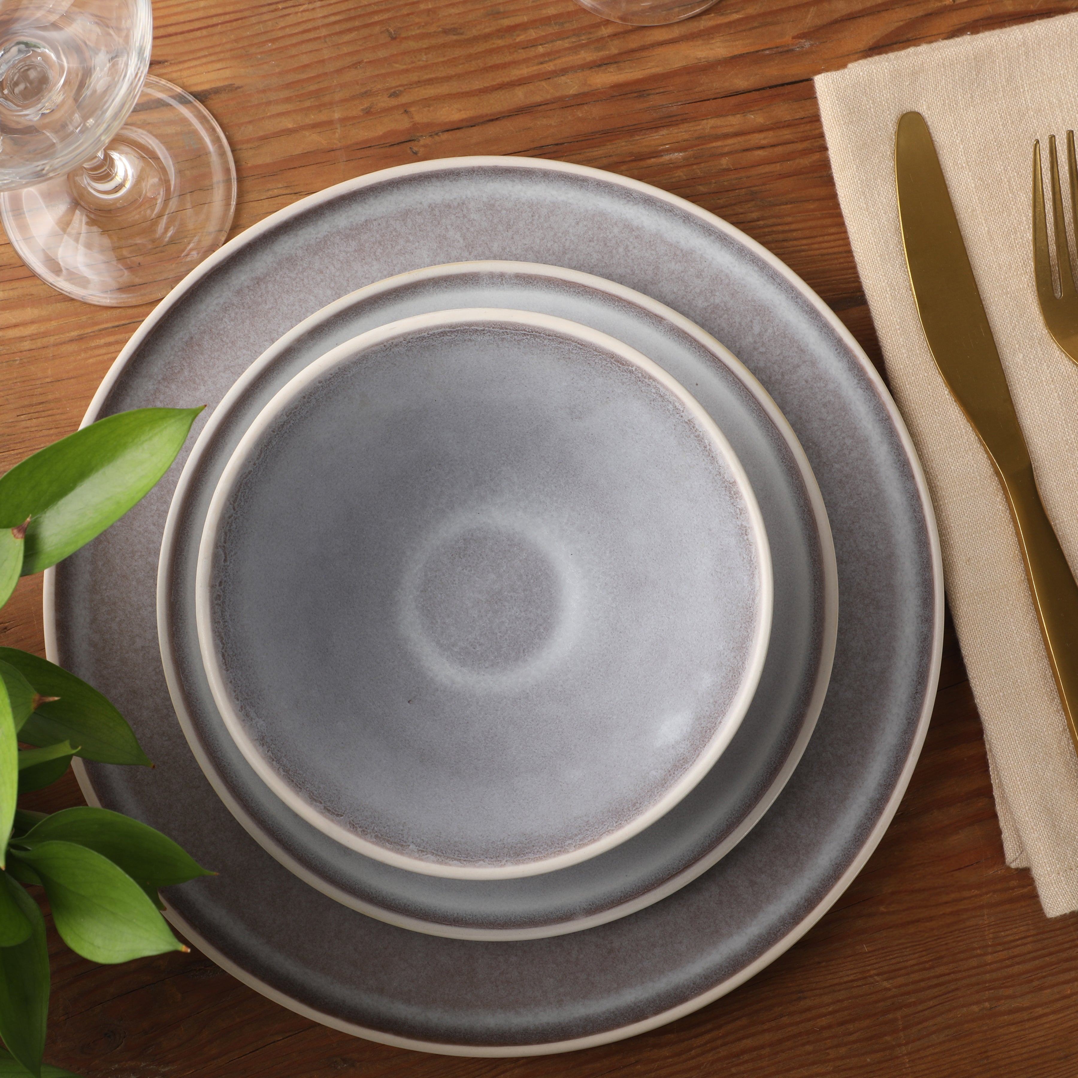 Gibson Elite Coastal Forest Plates and Bowls Sets, 12-Piece Stoneware Dinnerware Sets, Triple Reactive Glaze Dish Set - Grey and Cream White