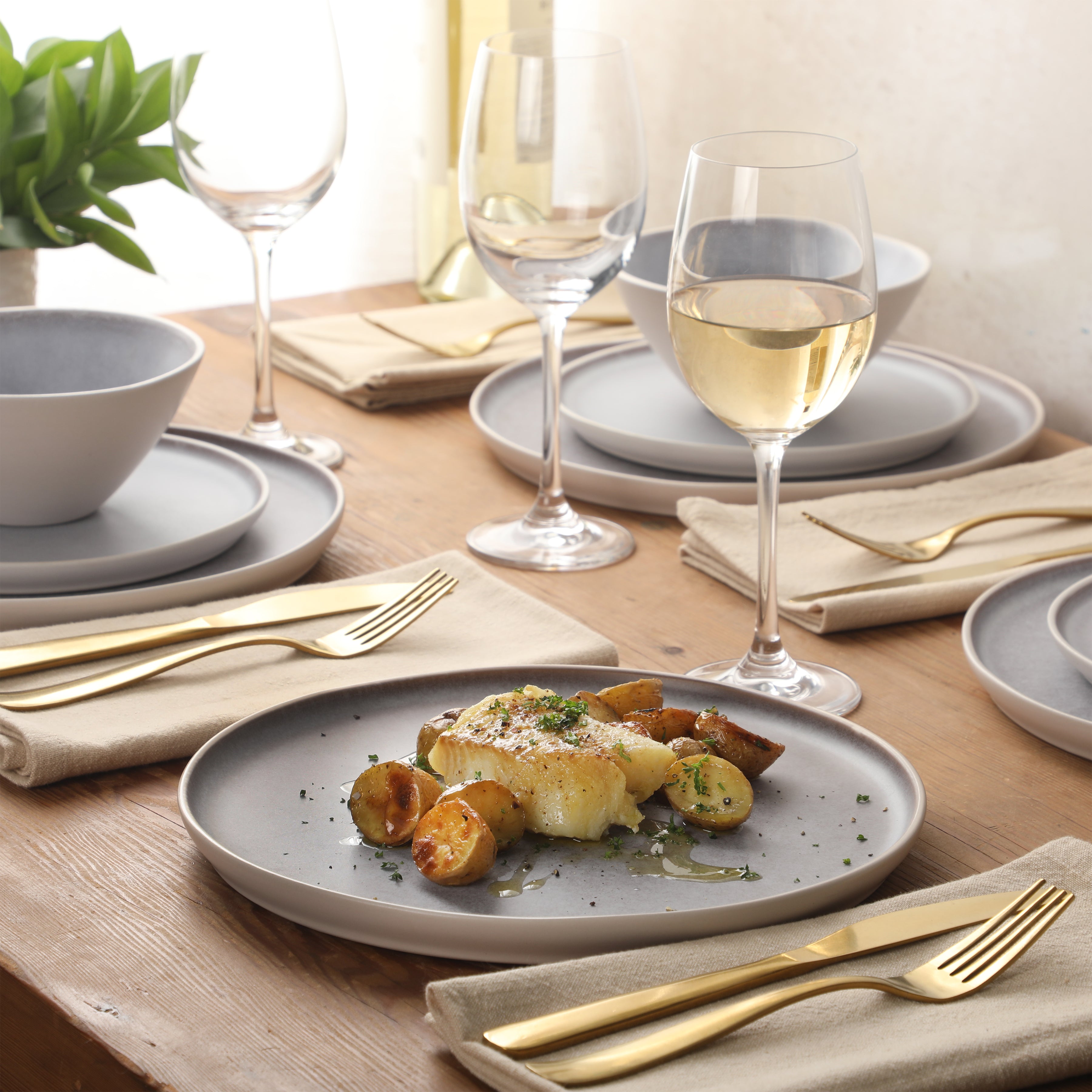 Gibson Elite Coastal Forest Plates and Bowls Sets, 12-Piece Stoneware Dinnerware Sets, Triple Reactive Glaze Dish Set - Grey and Cream White