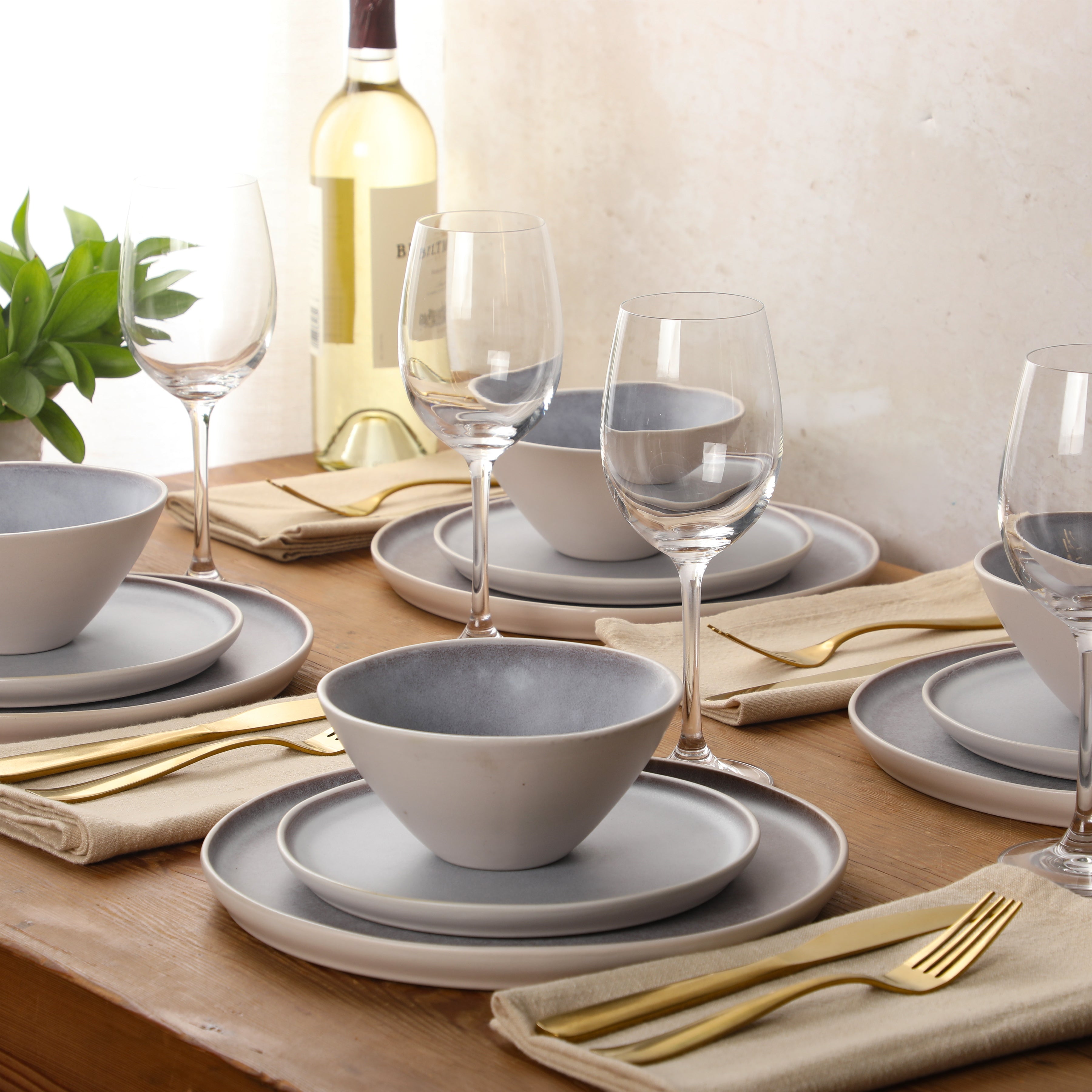 Gibson Elite Coastal Forest Plates and Bowls Sets, 12-Piece Stoneware Dinnerware Sets, Triple Reactive Glaze Dish Set - Grey and Cream White