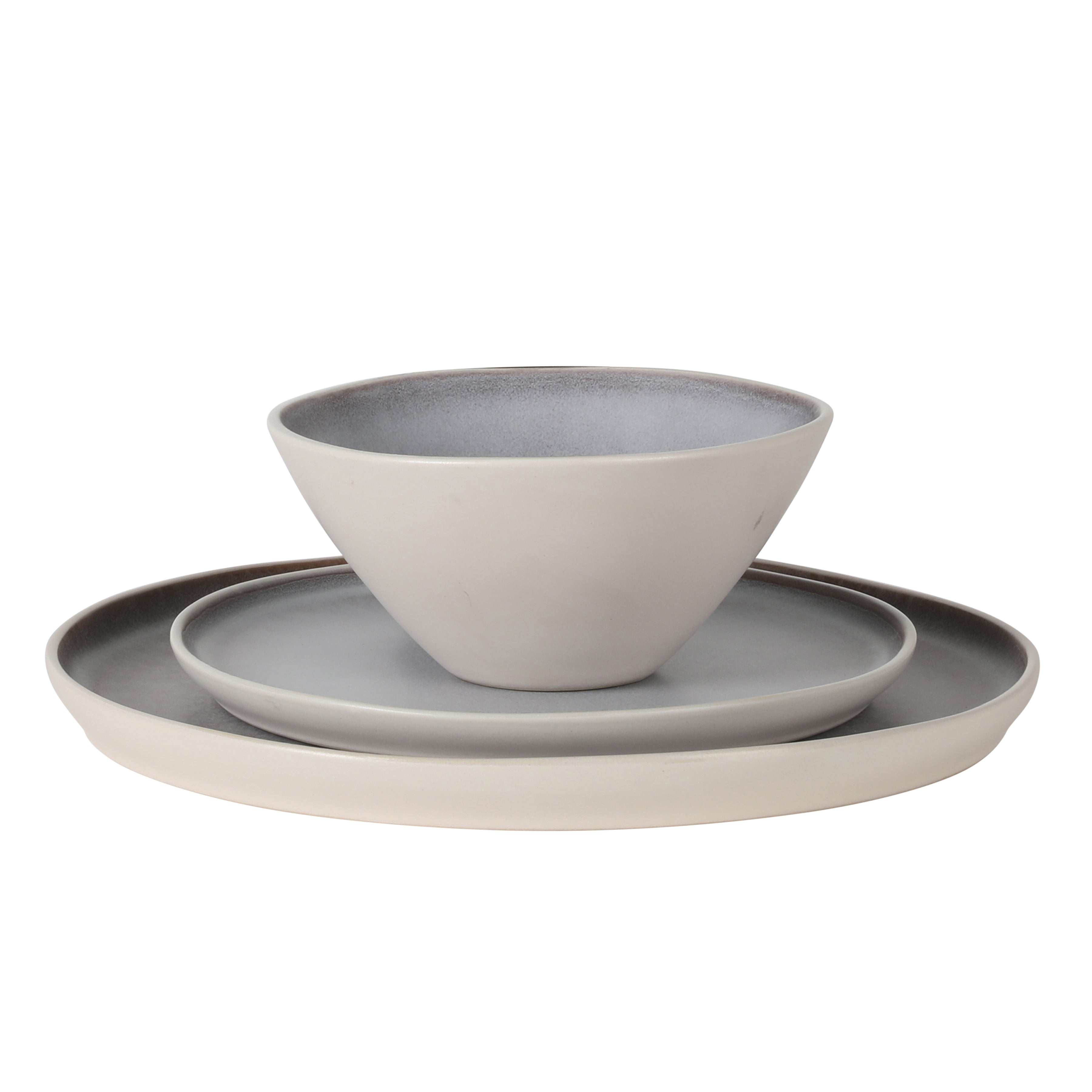 Gibson Elite Coastal Forest Plates and Bowls Sets, 12-Piece Stoneware Dinnerware Sets, Triple Reactive Glaze Dish Set - Grey and Cream White