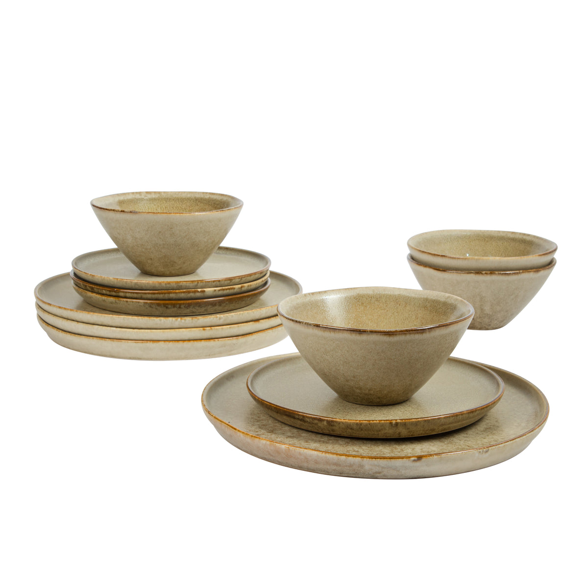 Gibson Elite Coastal Forest Plates and Bowls Sets, 12-Piece Stoneware Dinnerware Sets, Triple Reactive Glaze Dish Set - Grey and Cream White