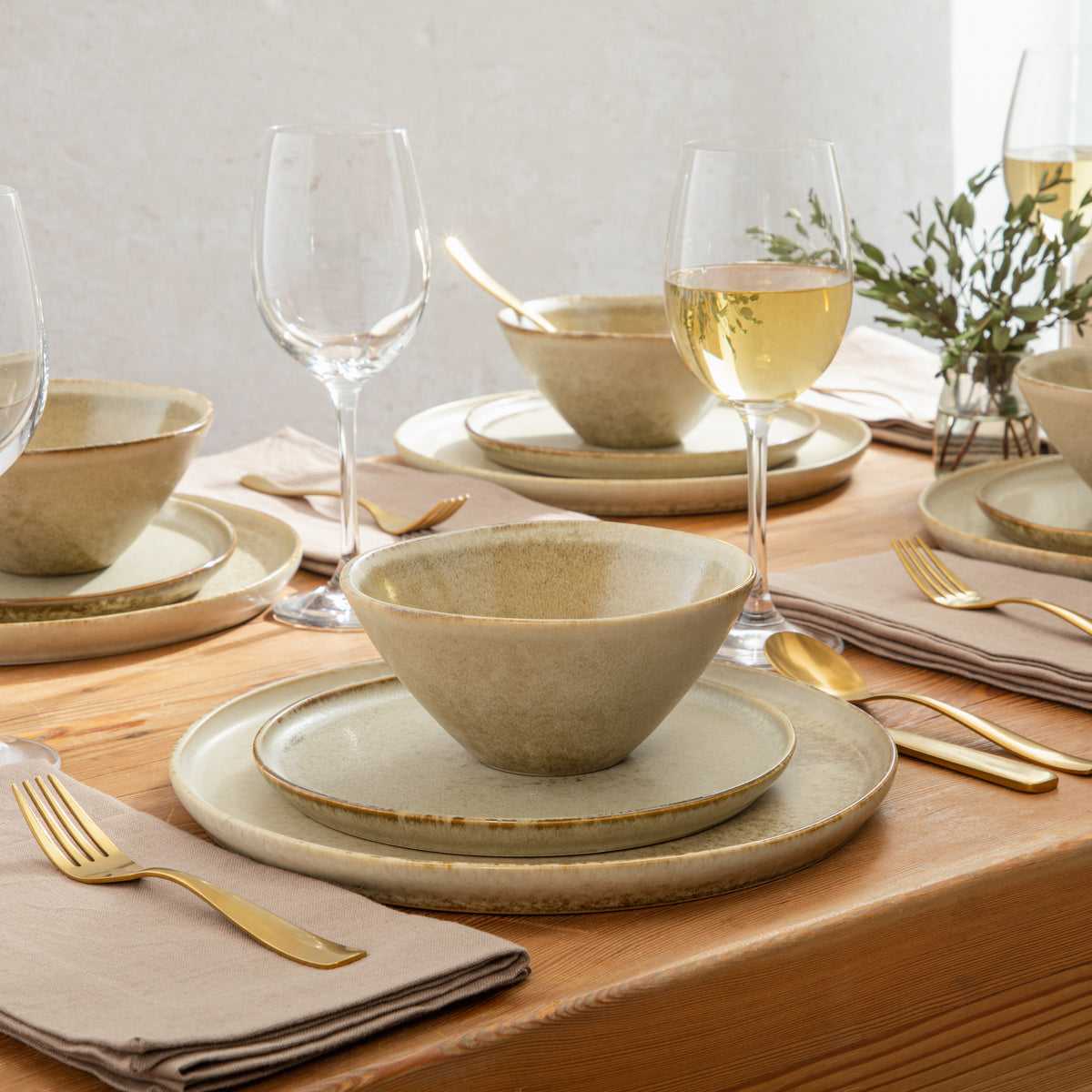Gibson Elite Coastal Forest Plates and Bowls Sets, 12-Piece Stoneware Dinnerware Sets, Triple Reactive Glaze Dish Set - Grey and Cream White