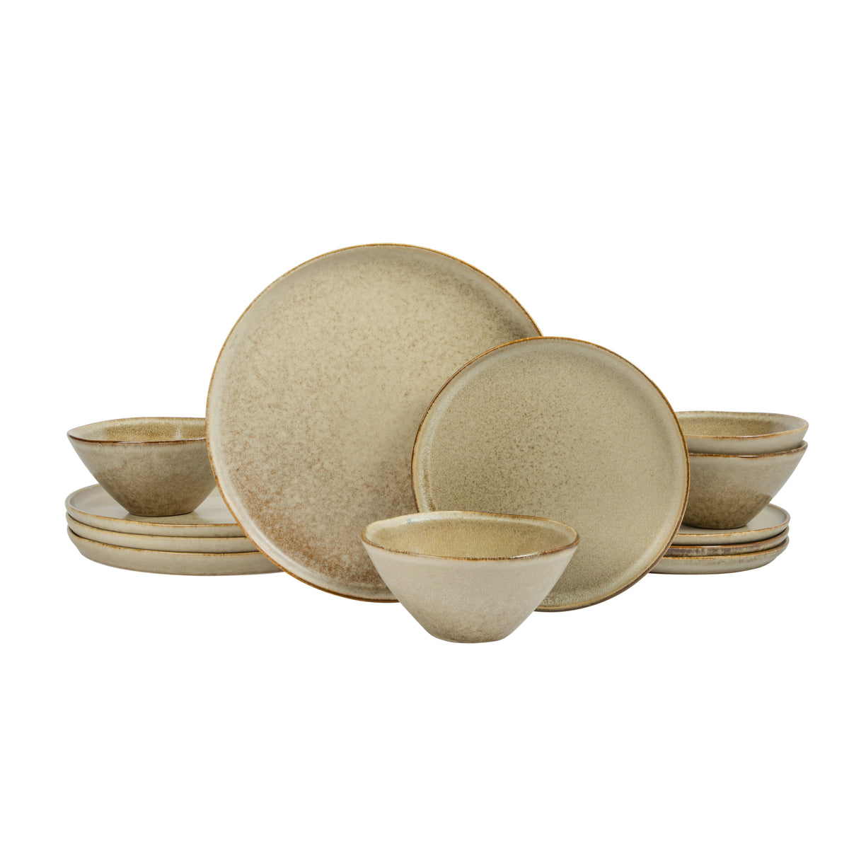 Gibson Elite Coastal Forest Plates and Bowls Sets, 12-Piece Stoneware Dinnerware Sets, Triple Reactive Glaze Dish Set - Grey and Cream White