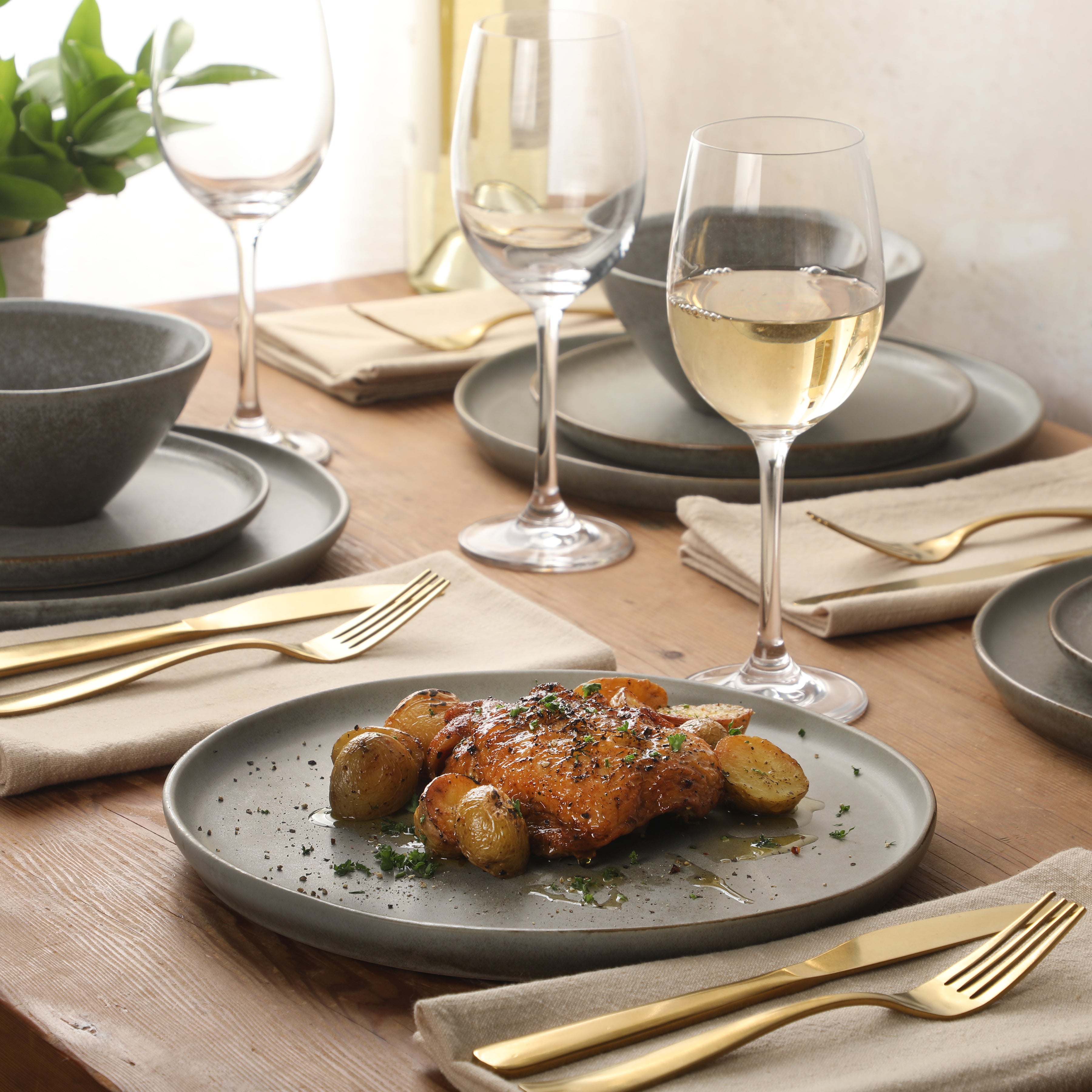 Gibson Elite Coastal Forest Plates and Bowls Sets, 12-Piece Stoneware Dinnerware Sets, Triple Reactive Glaze Dish Set - Grey and Cream White