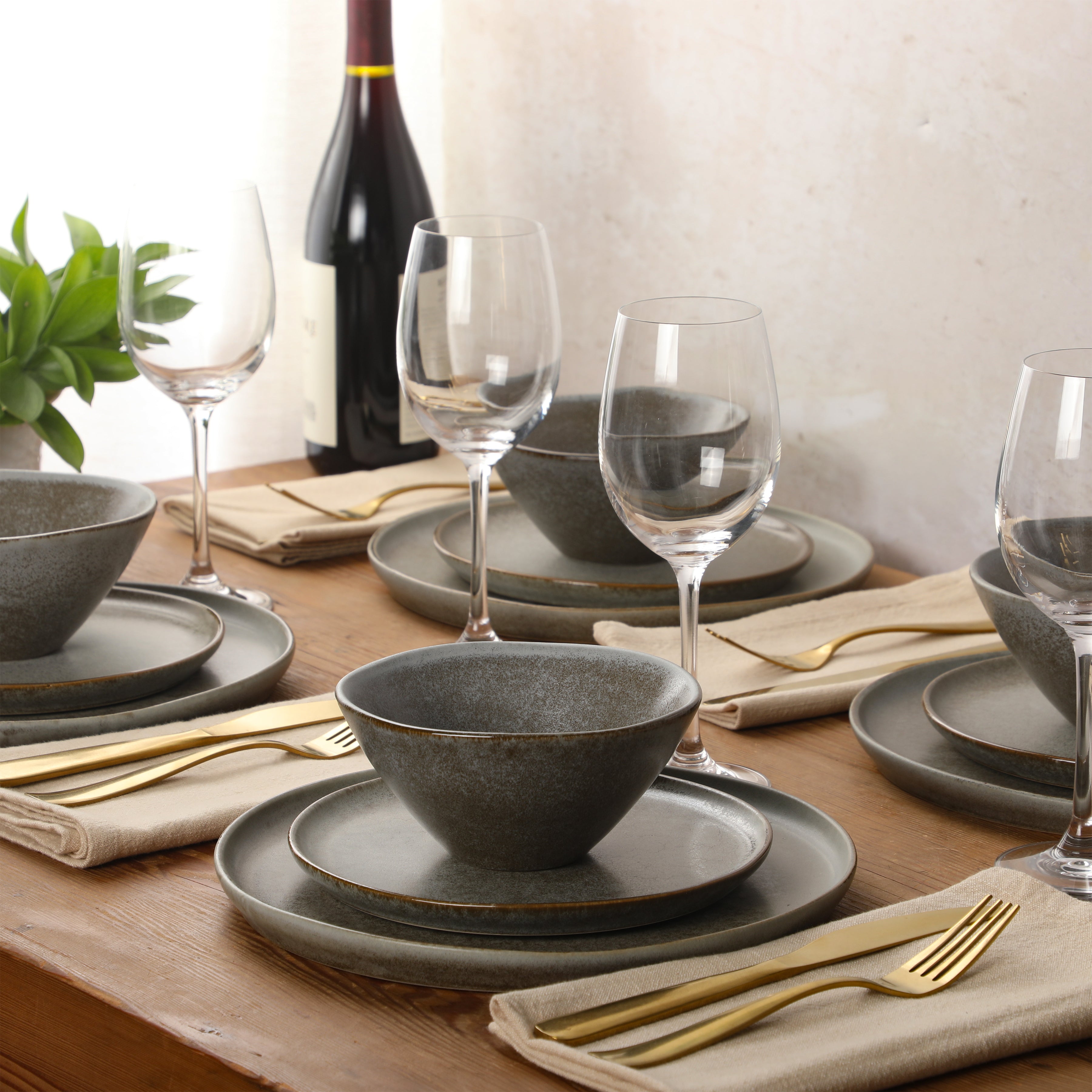 Gibson Elite Coastal Forest Plates and Bowls Sets, 12-Piece Stoneware Dinnerware Sets, Triple Reactive Glaze Dish Set - Grey and Cream White