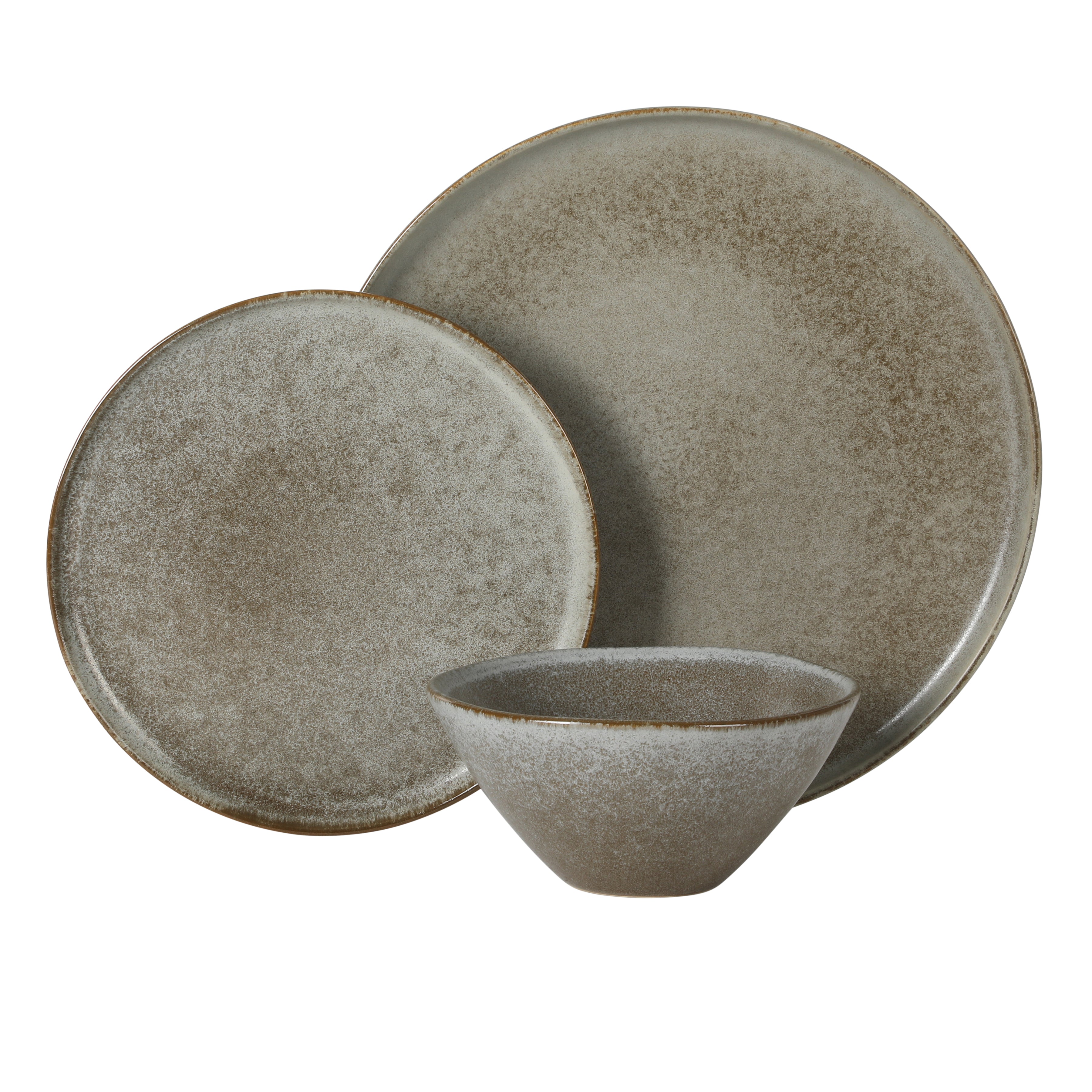 Gibson Elite Coastal Forest Plates and Bowls Sets, 12-Piece Stoneware Dinnerware Sets, Triple Reactive Glaze Dish Set - Grey and Cream White