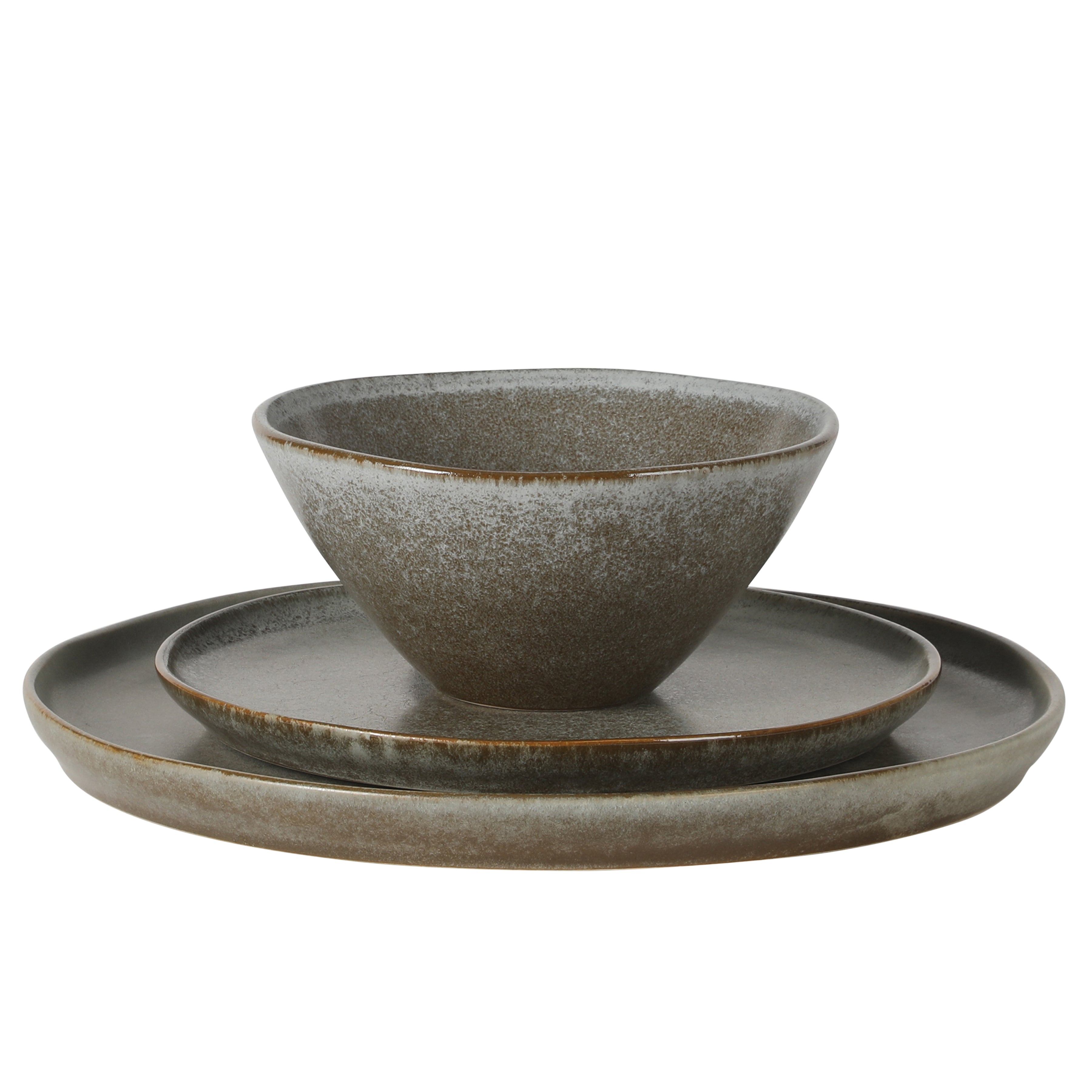 Gibson Elite Coastal Forest Plates and Bowls Sets, 12-Piece Stoneware Dinnerware Sets, Triple Reactive Glaze Dish Set - Grey and Cream White